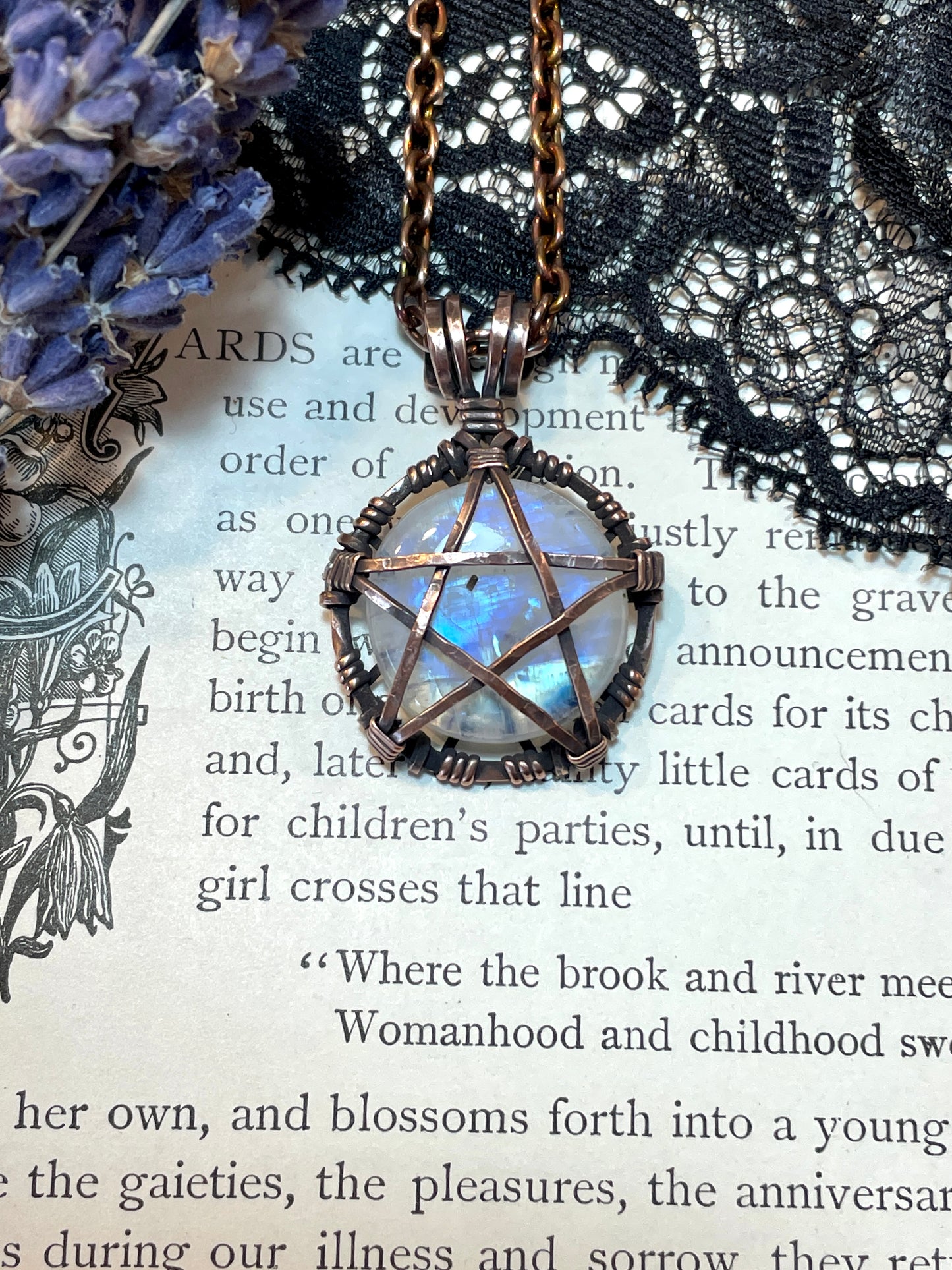 Moonstone (Rainbow Moonstone) Mini Pentacle Pendant in Antiqued Copper