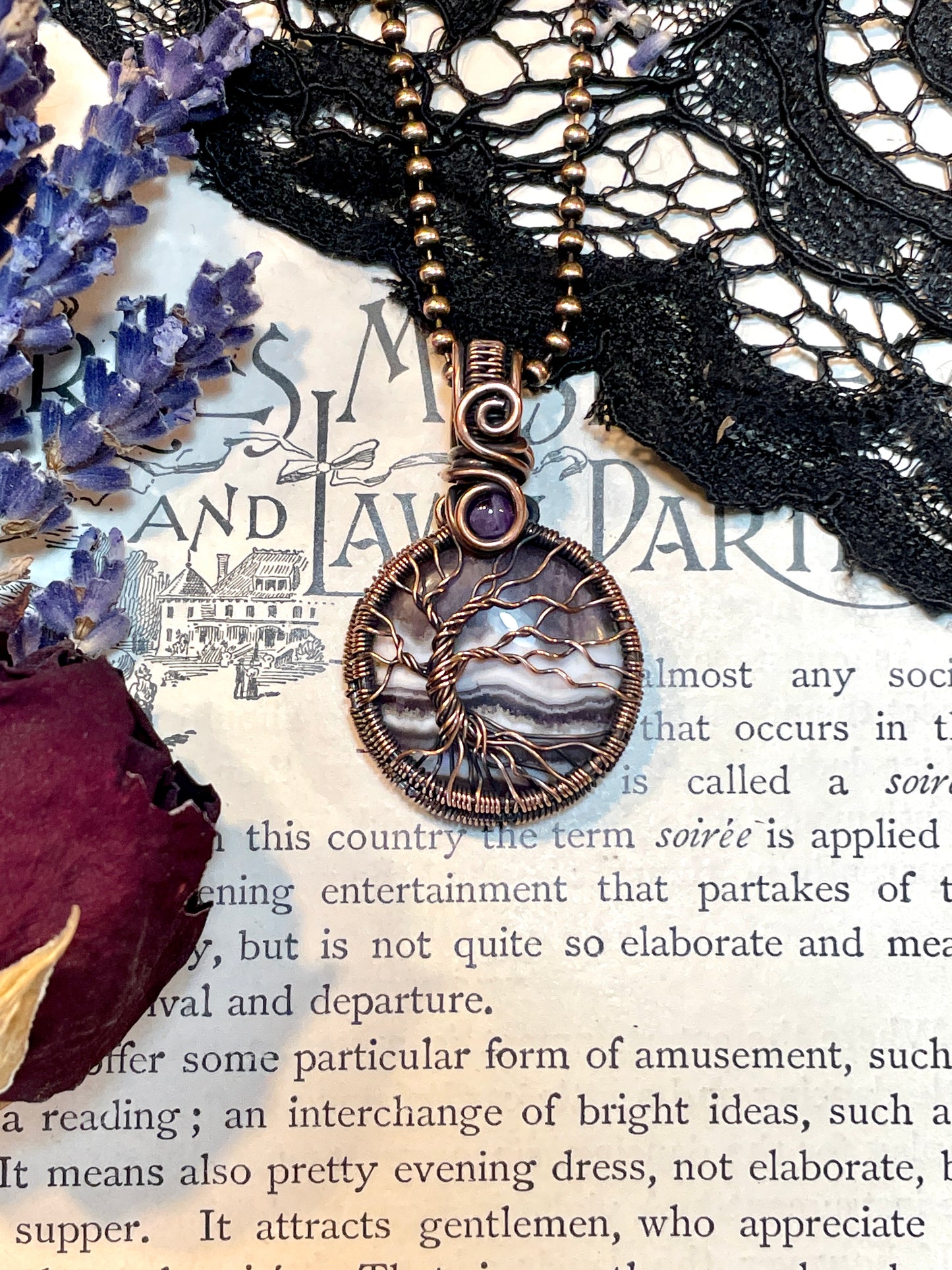 Amethyst Lace Agate mini Tree of Life Pendant in Copper