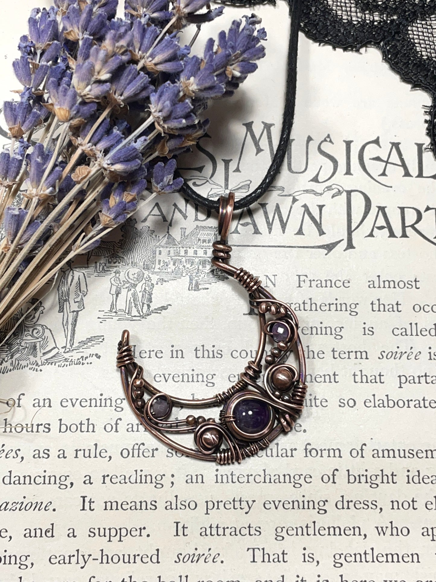 Amethyst Crescent Moon Pendant in Copper