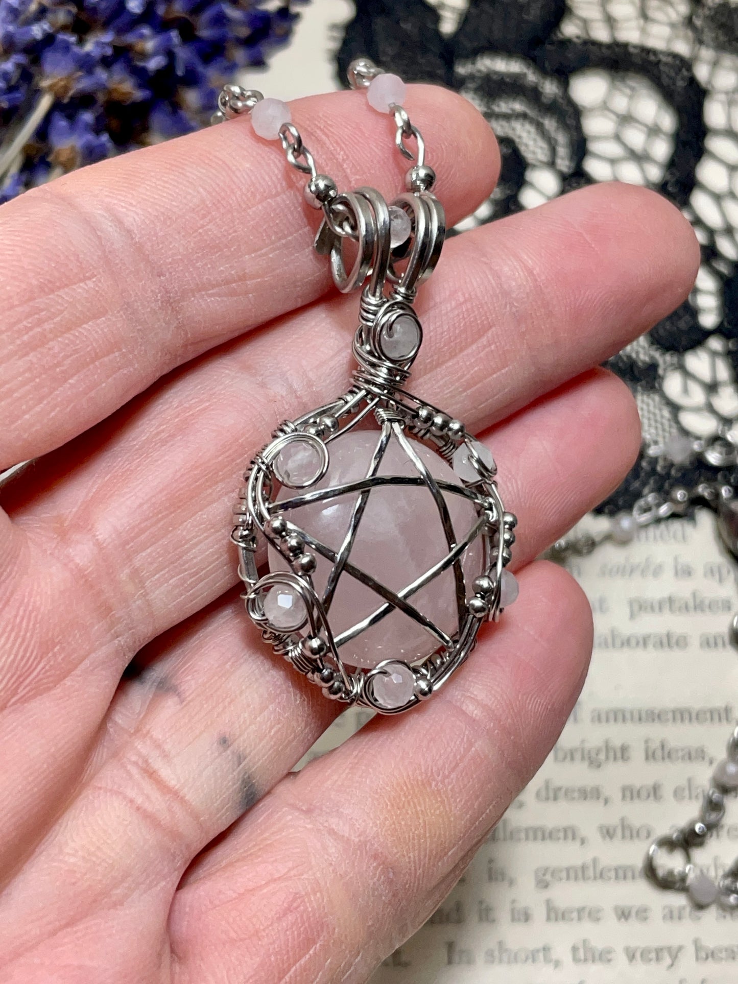 Rose Quartz Pentacle Pendant in Stainless Steel