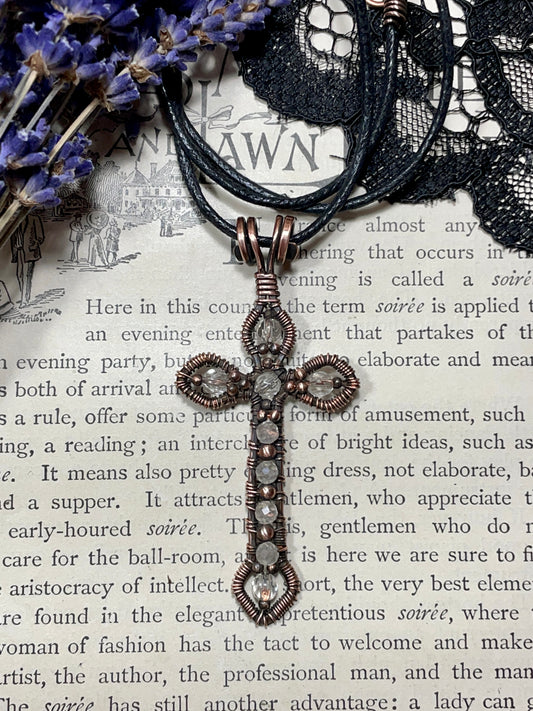 Quartz Gothic Cross Pendant in Antiqued Copper