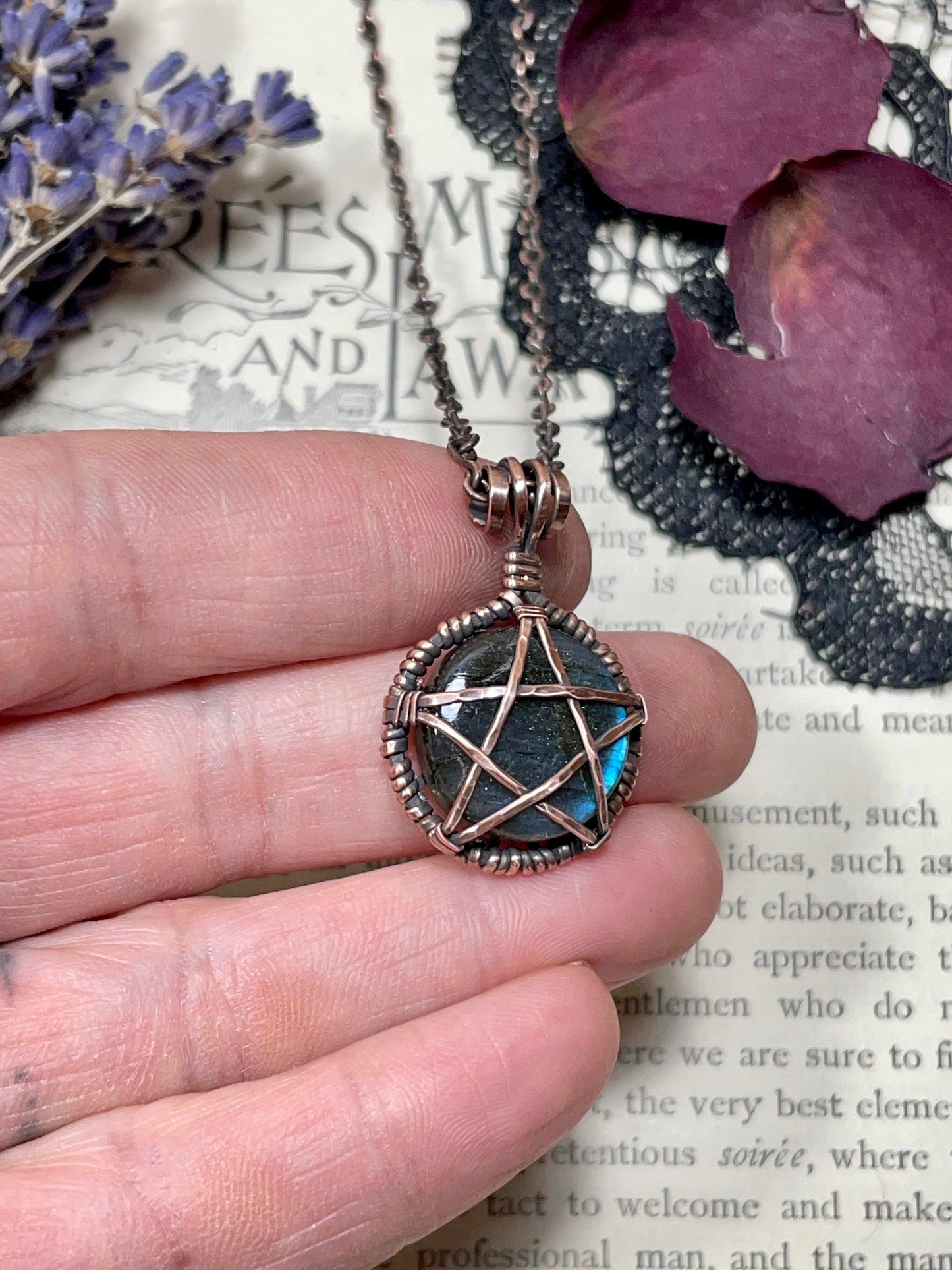 Labradorite Pentacle Pendant in Antiqued Copper