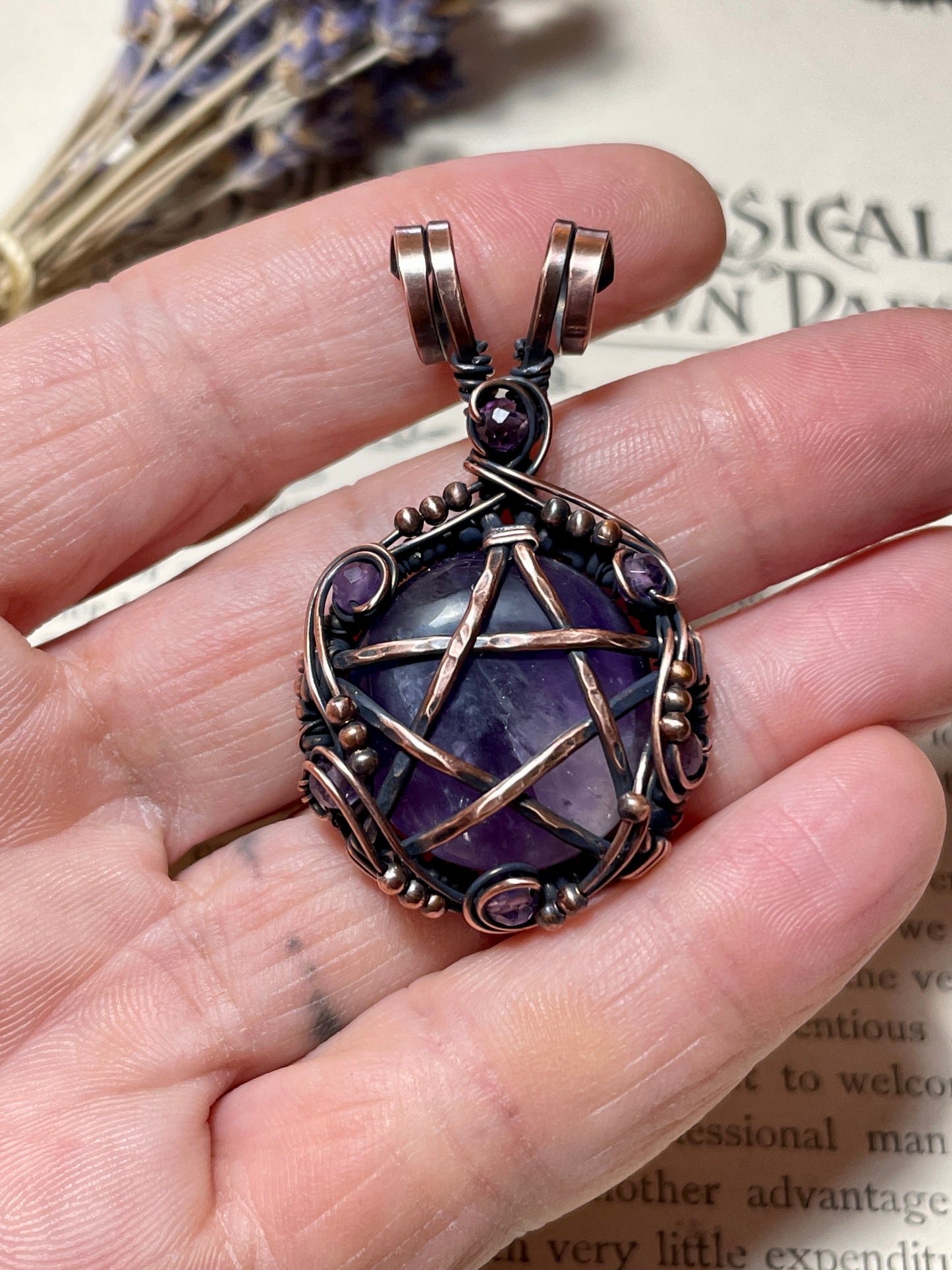 Amethyst Pentacle Pendant in Antiqued Copper