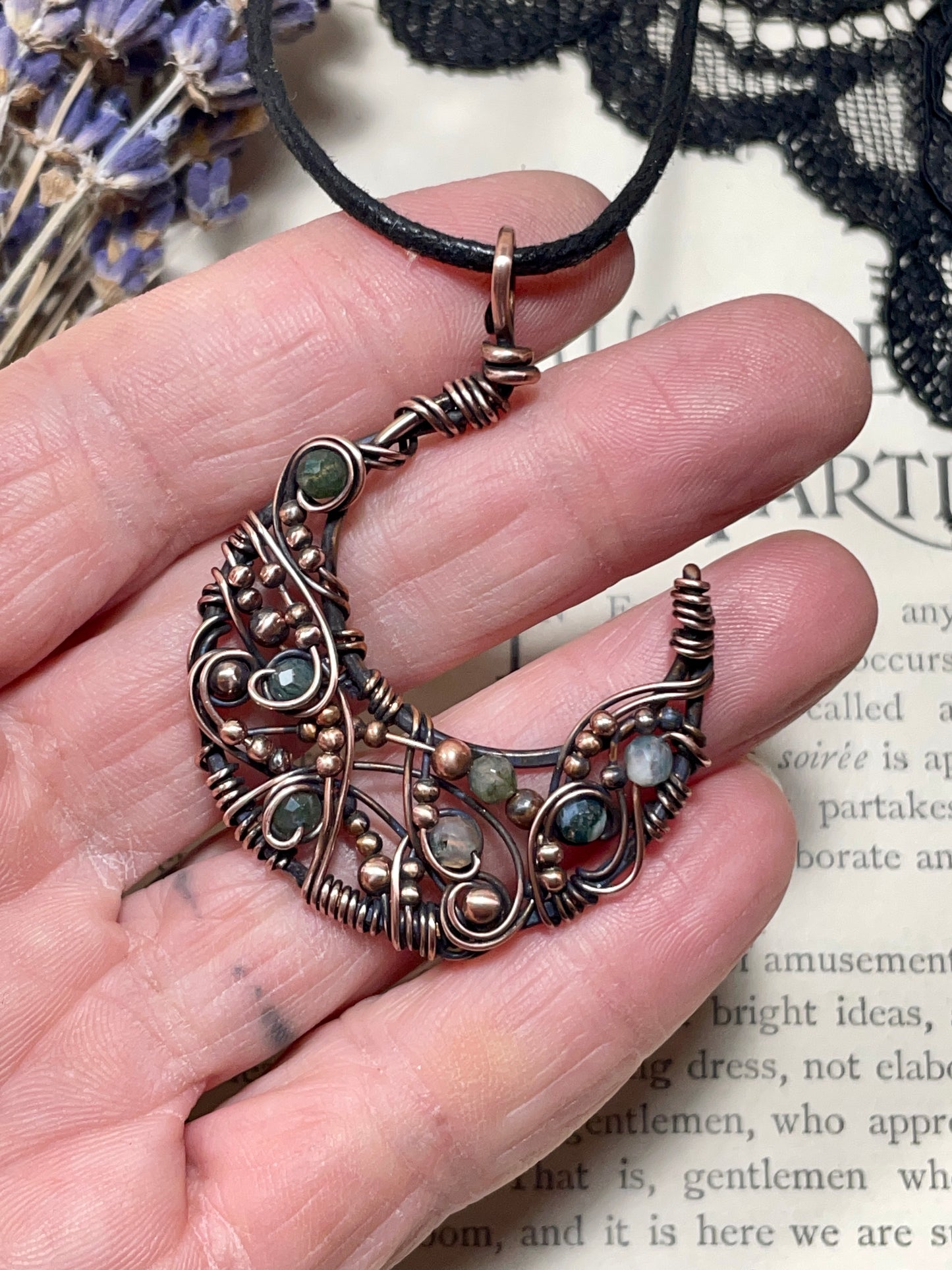 Moss Agate Crescent Moon Pendant in Copper