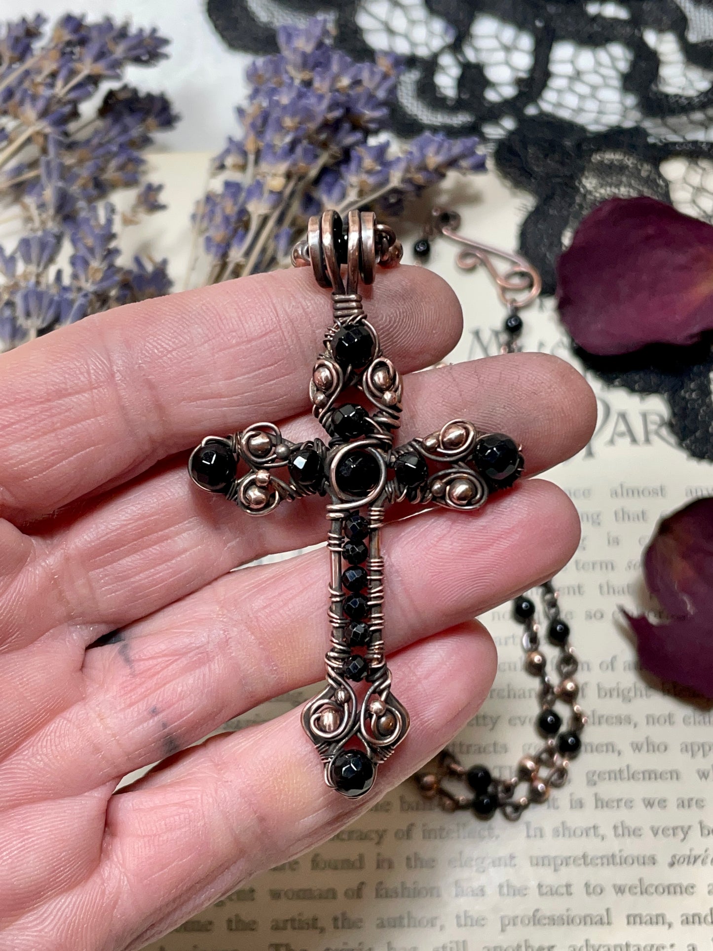 Onyx Gothic Cross Pendant in Antiqued Copper