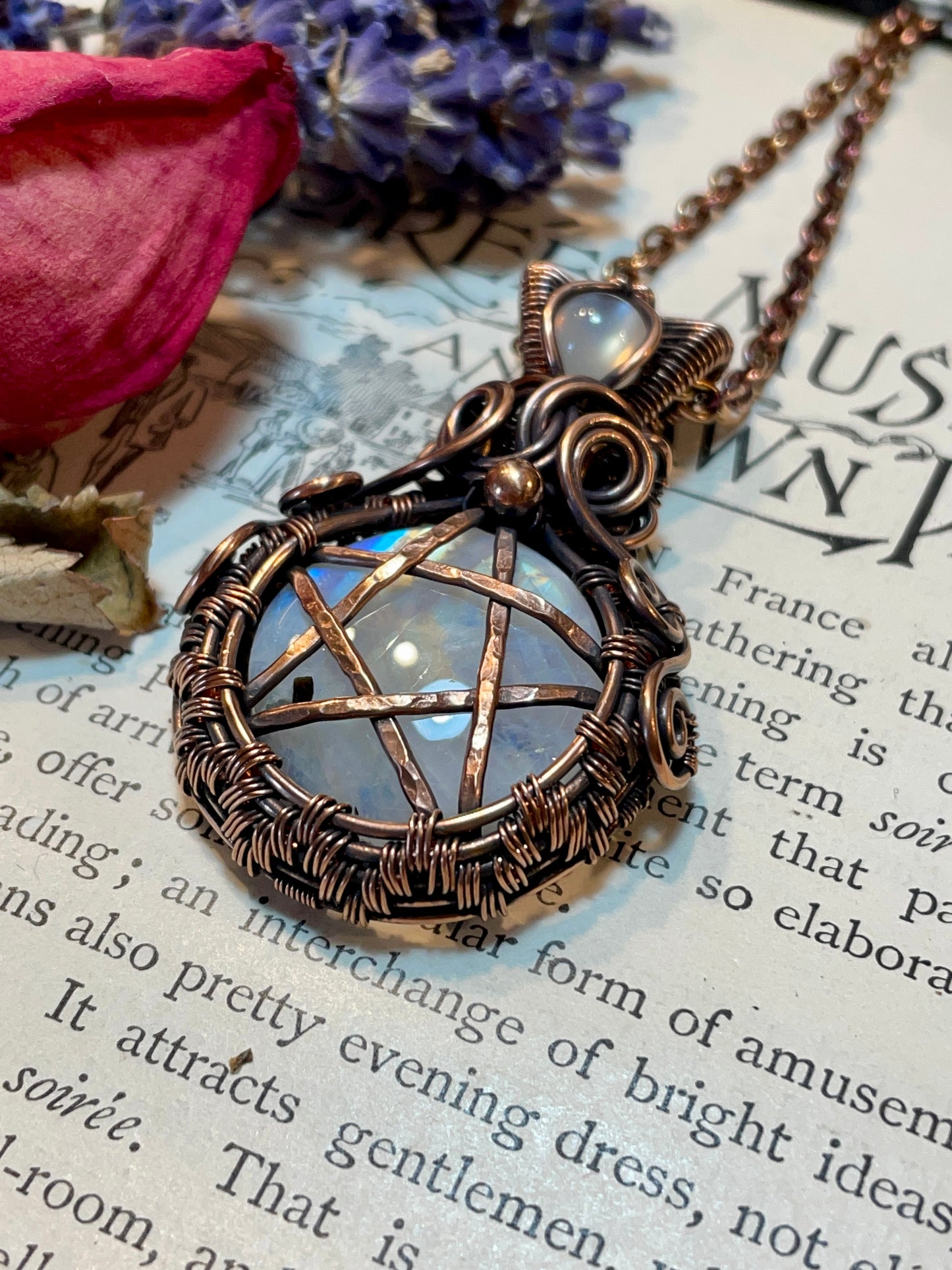 Moonstone (Rainbow Moonstone) Pentacle Pendant in Copper