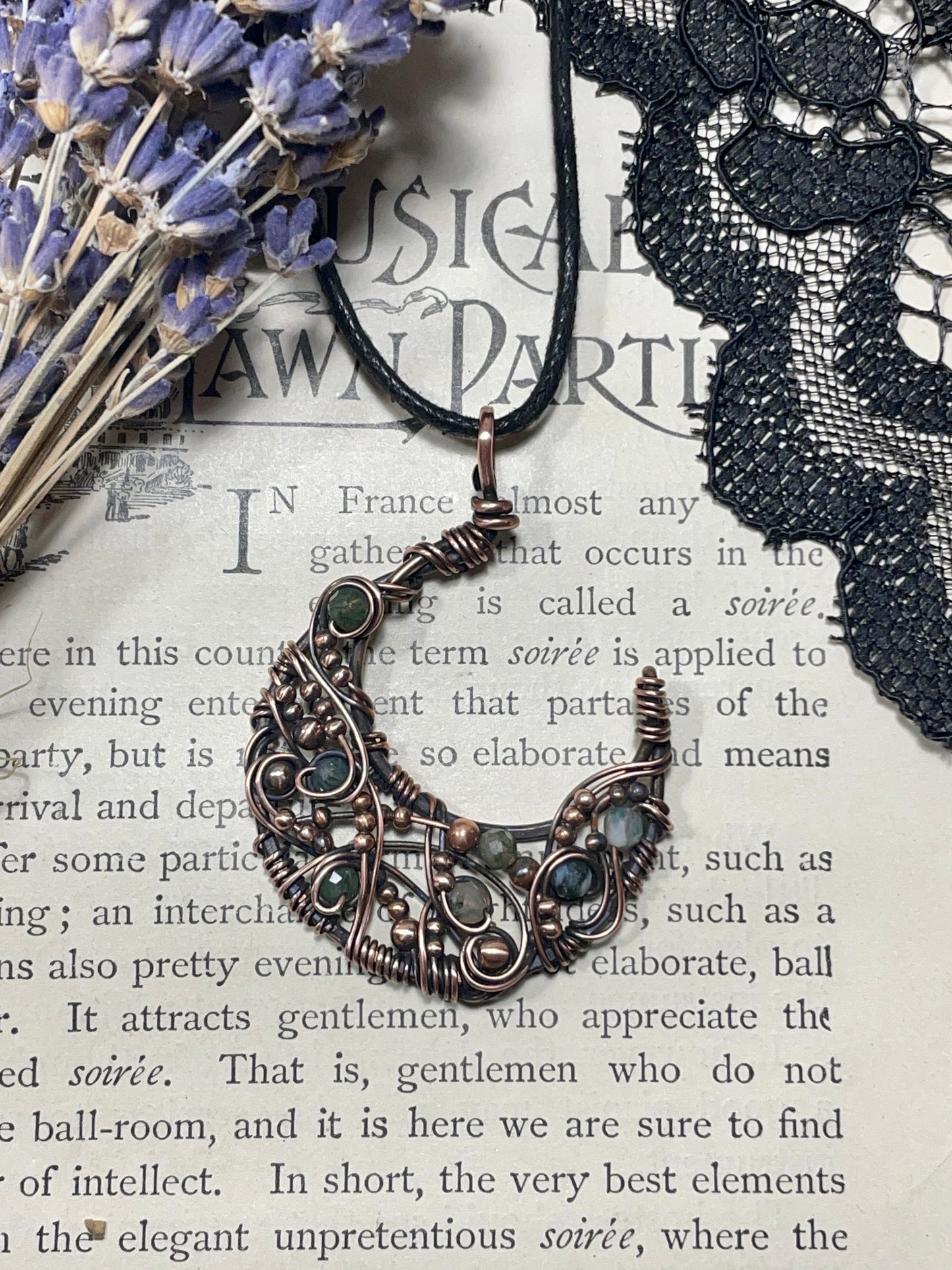 Moss Agate Crescent Moon Pendant in Copper