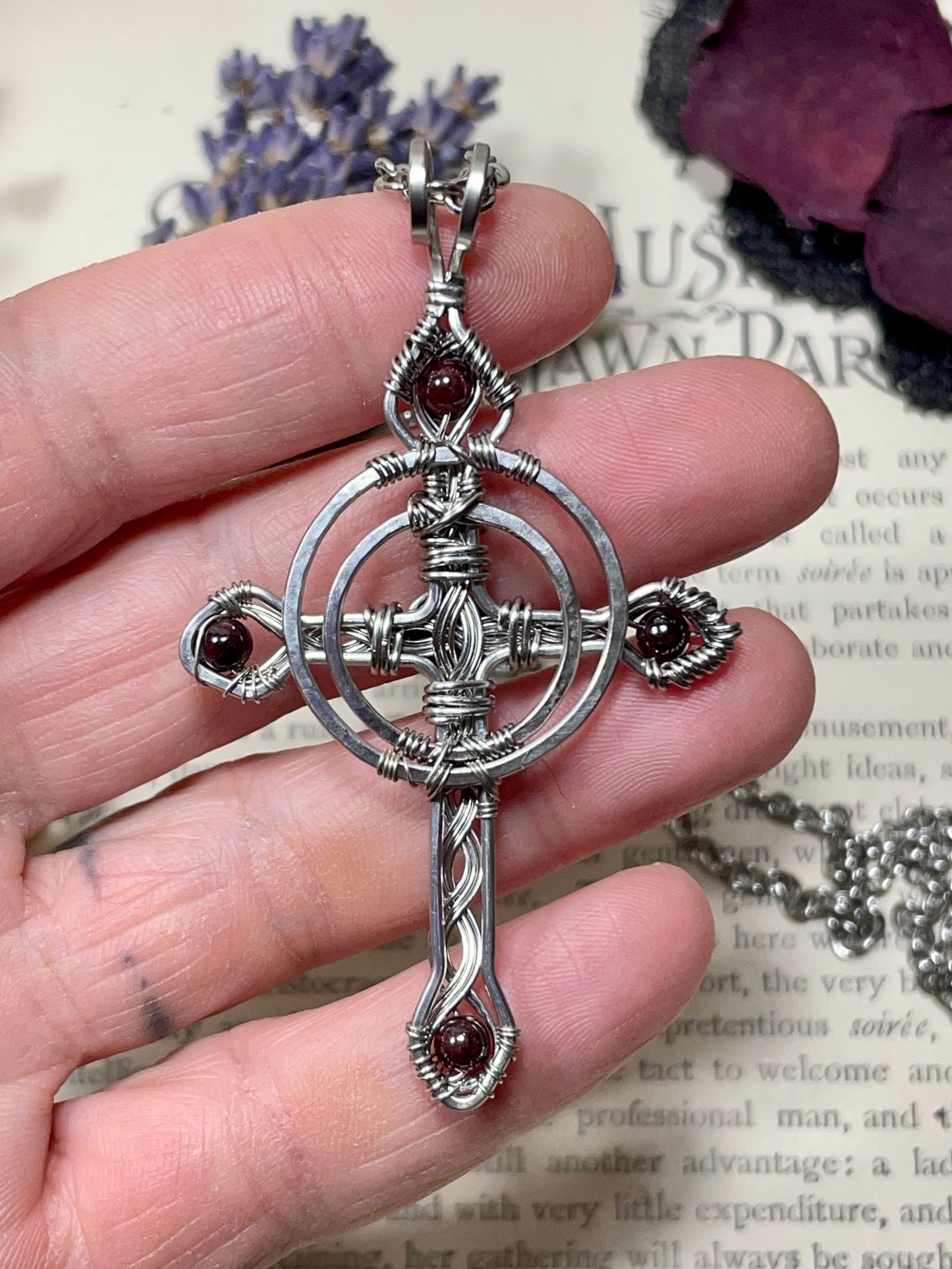 Onyx and Garnet Celtic Cross Pendant in Stainless Steel