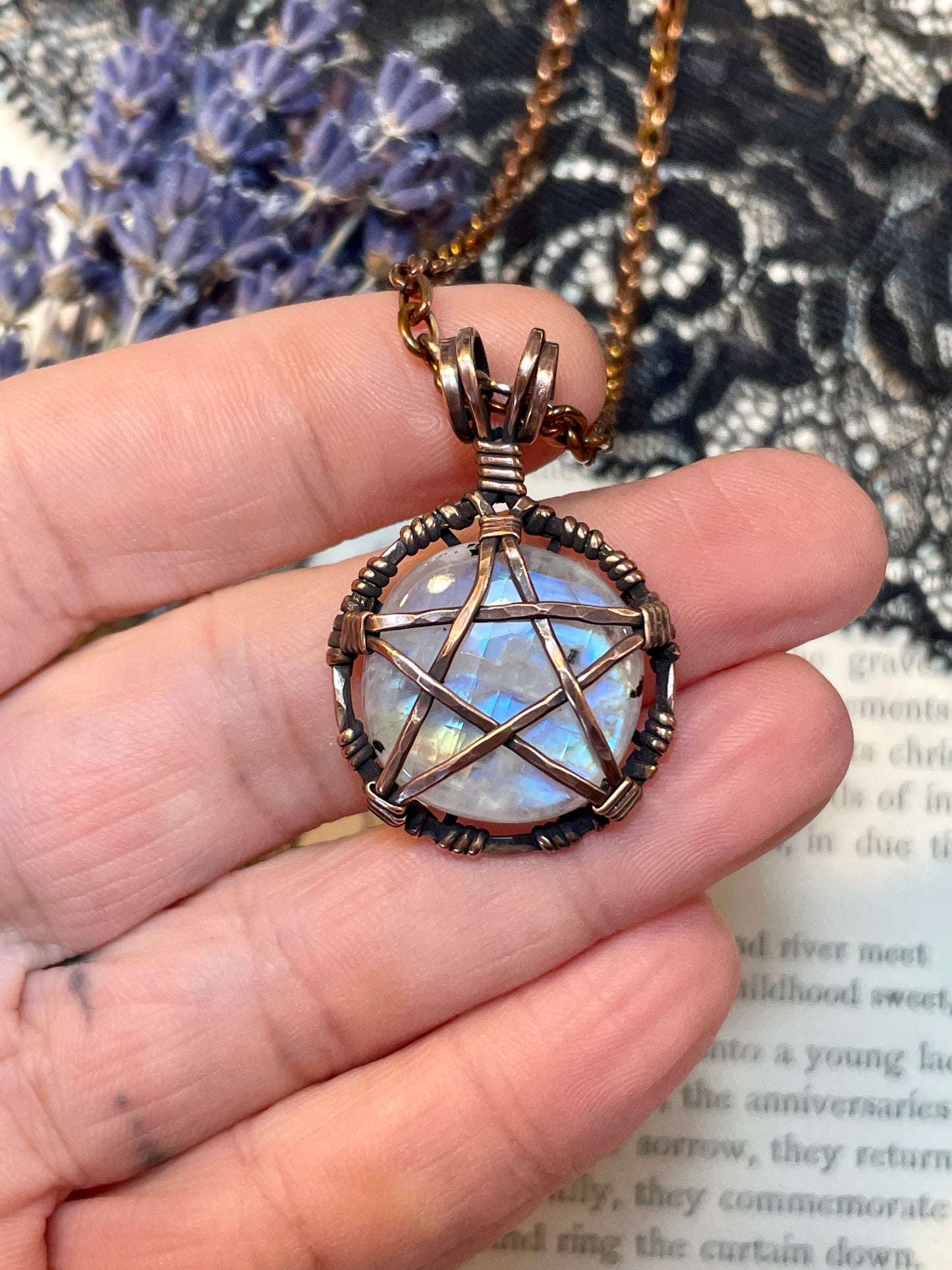 Moonstone (Rainbow Moonstone) Mini Pentacle Pendant in Antiqued Copper