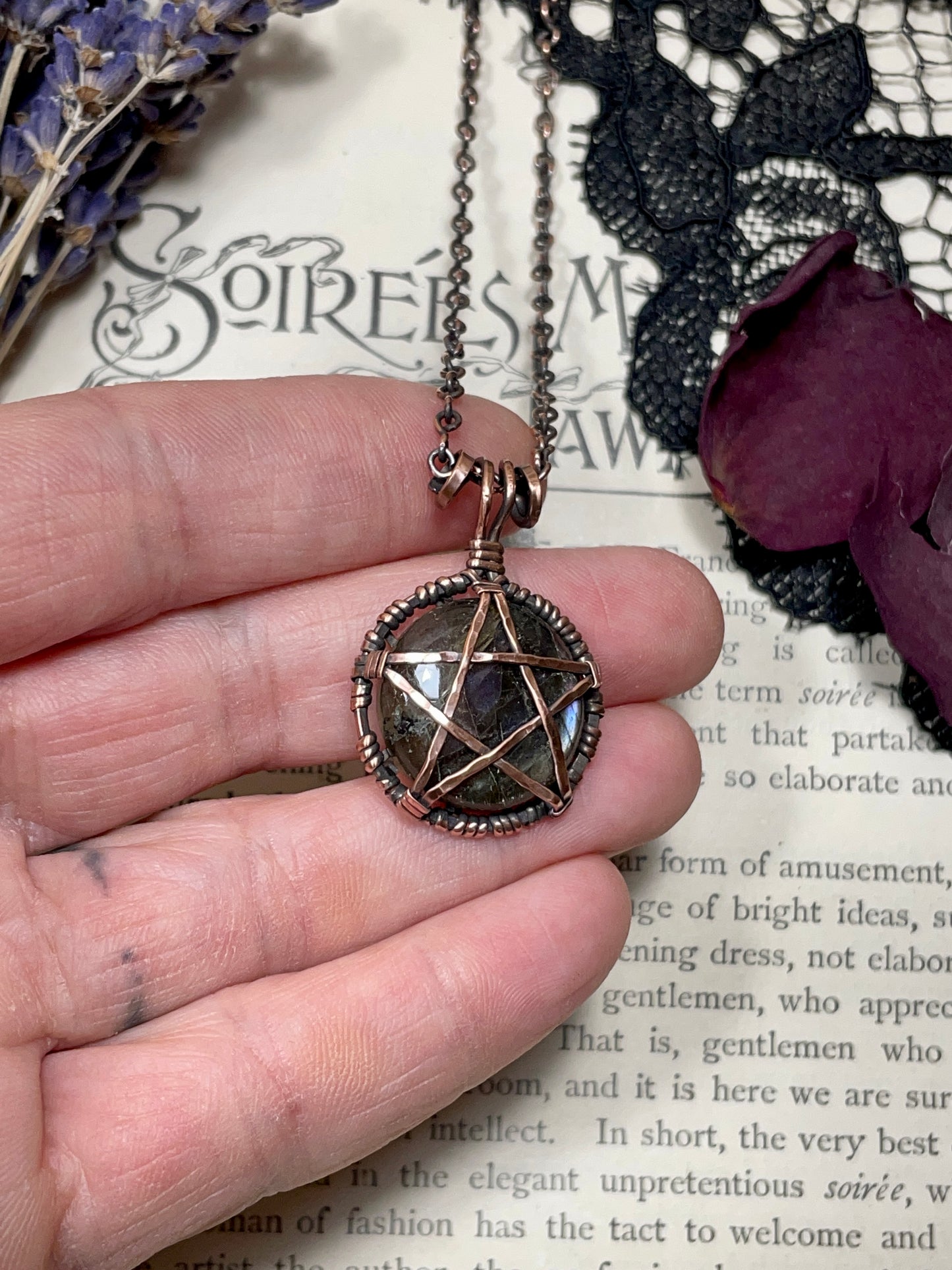 Labradorite Pentacle Pendant in Antiqued Copper