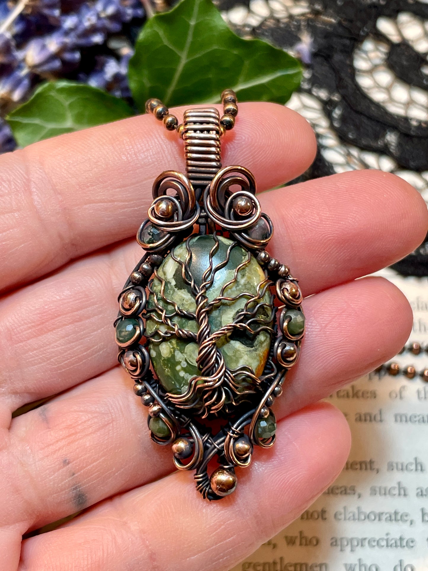 Jasper (Rainforest Jasper) Tree of Life Amulet in Copper