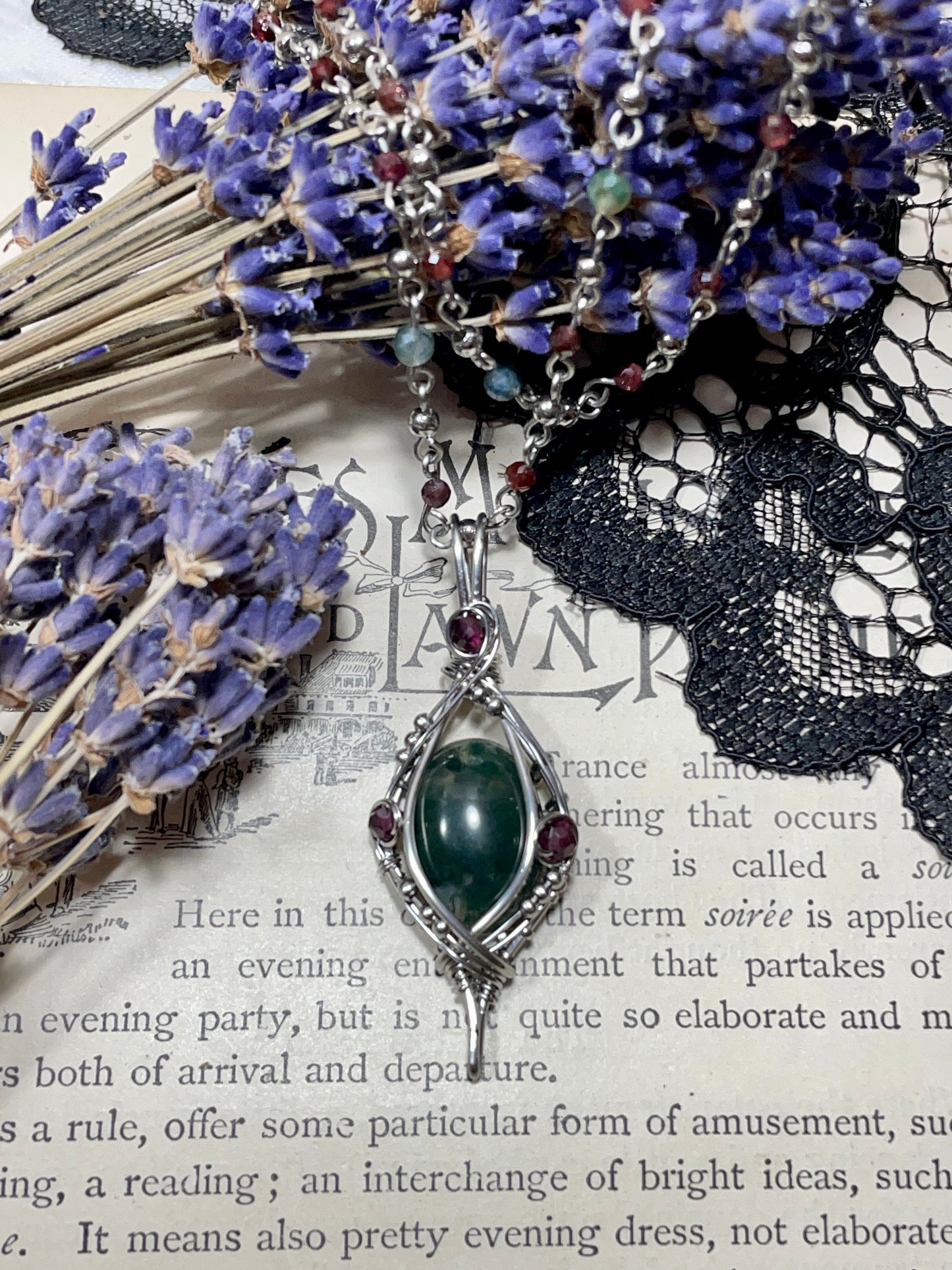 Moss Agate and Garnet Pendant in Stainless Steel