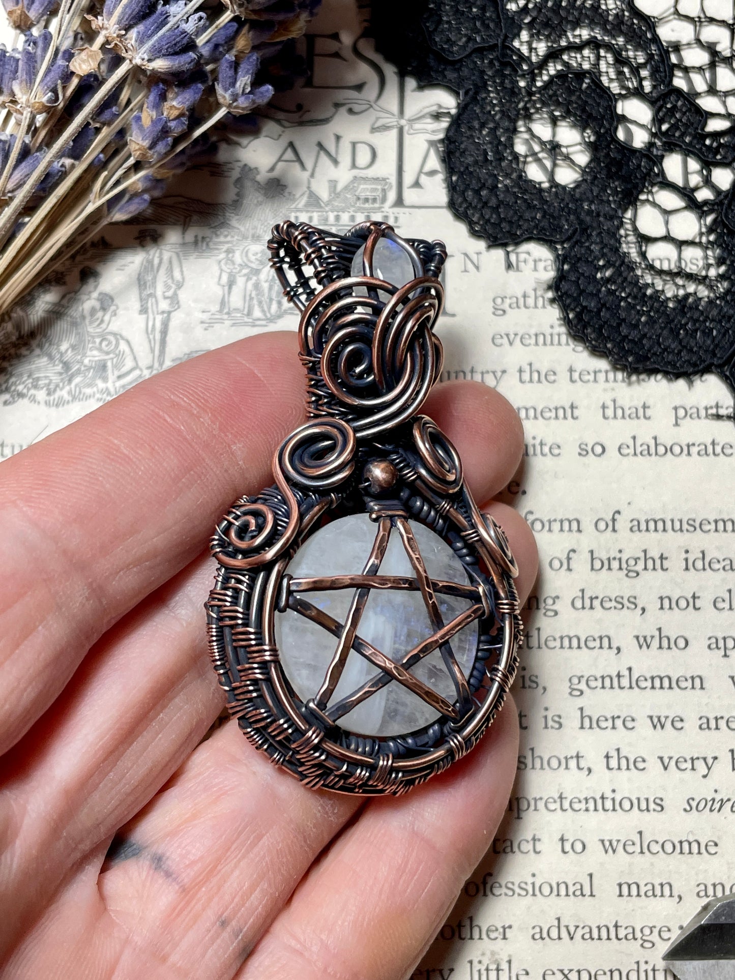 Rainbow Moonstone Pentacle Pendant in Copper