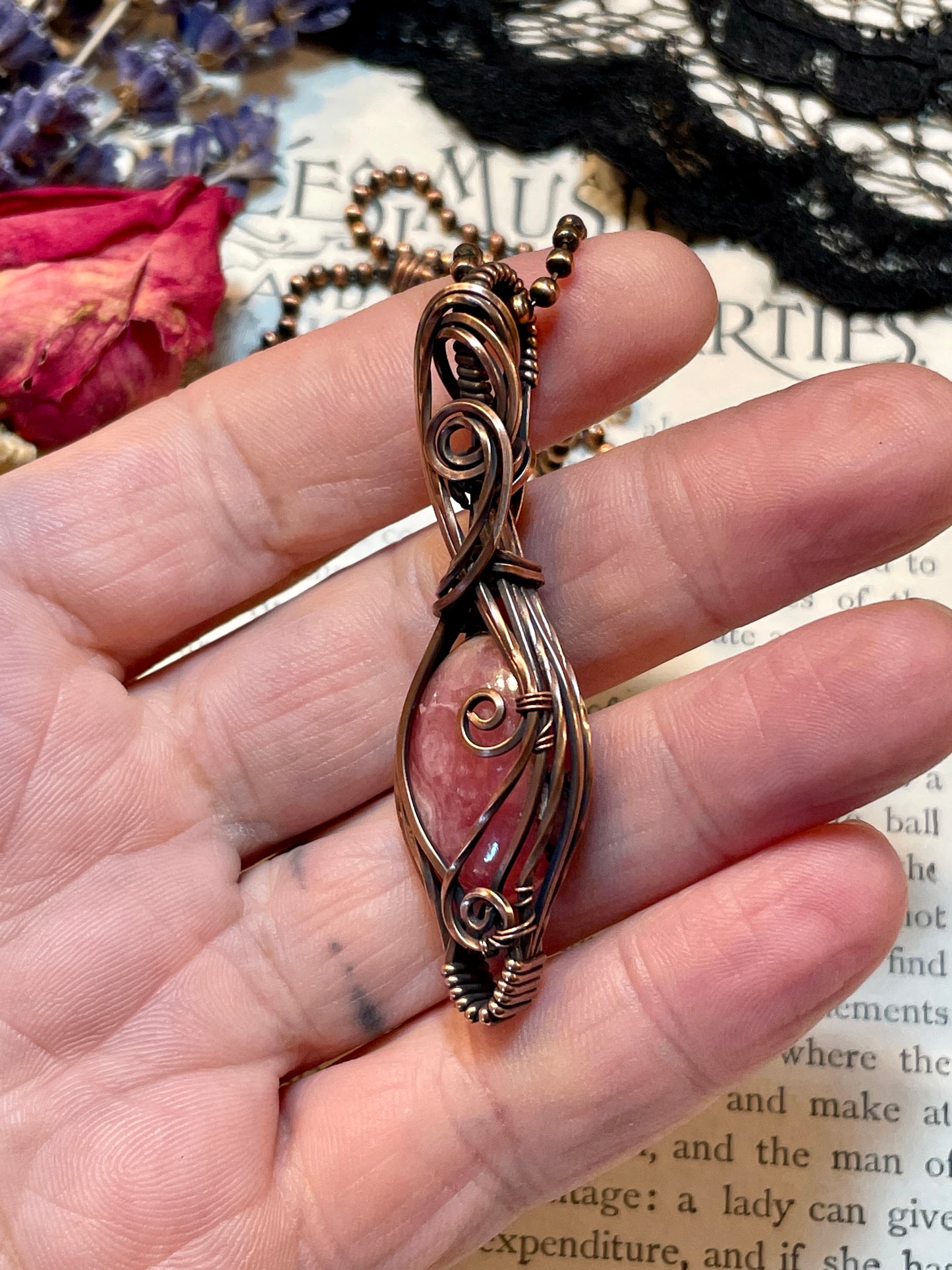 Rhodochrosite Pendant in Copper