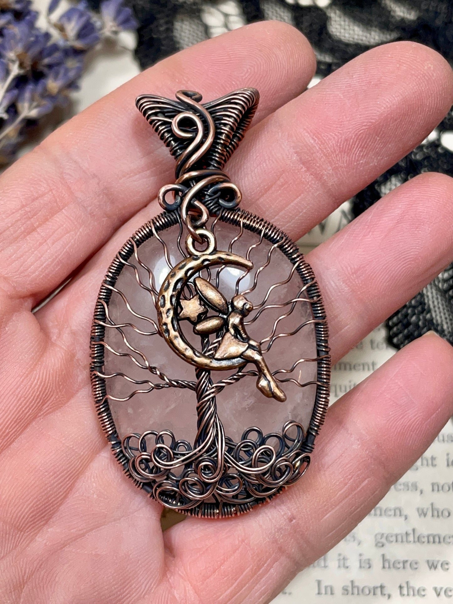 Rose Quartz Tree of Life Pendant in Copper