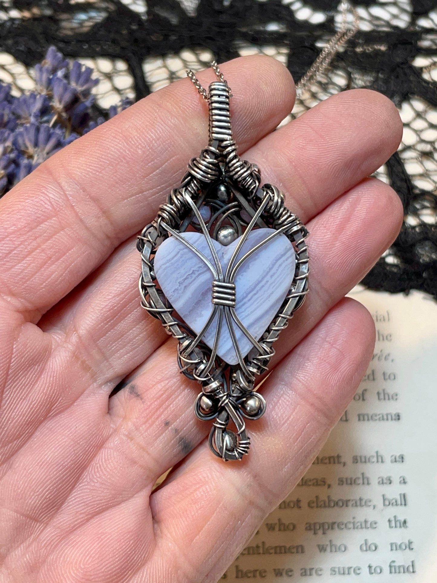 Blue Lace Agate Heart Pendant in Sterling Silver