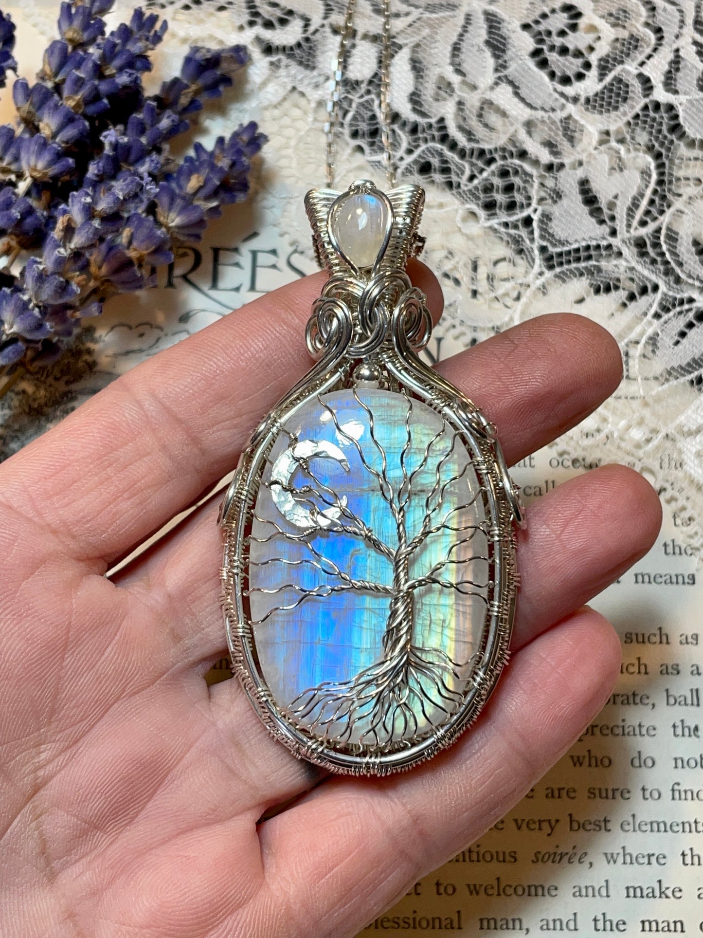 Moonstone (Rainbow Moonstone) Tree of Life Amulet in Sterling Silver