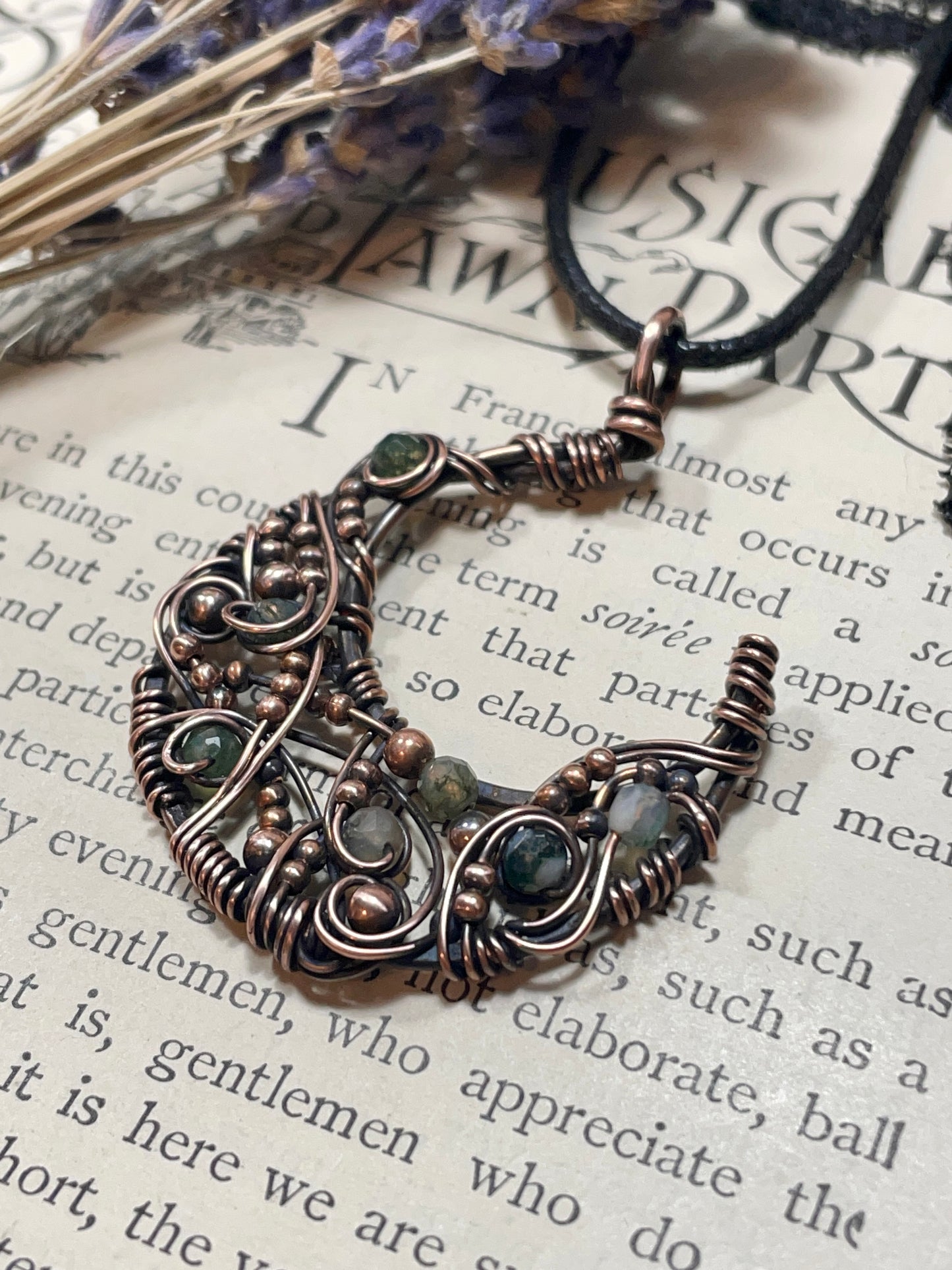 Moss Agate Crescent Moon Pendant in Copper