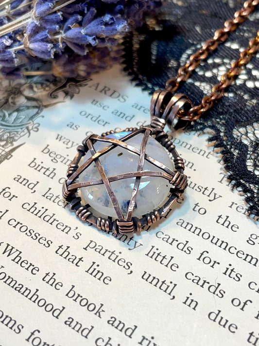 Moonstone (Rainbow Moonstone) Mini Pentacle Pendant in Antiqued Copper