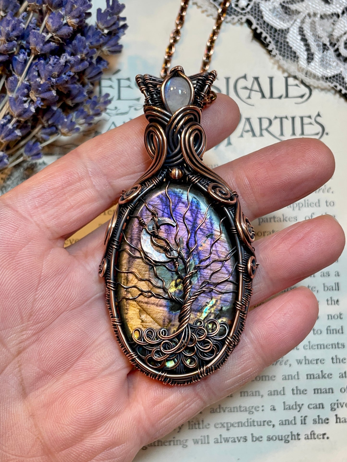 Labradorite Crescent Moon Tree of Life Amulet in Copper