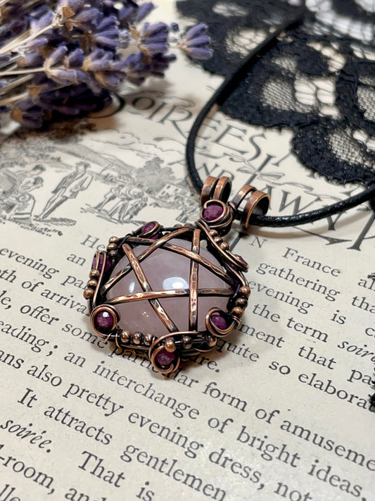 Rose Quartz and Ruby Pentacle Pendant in Copper