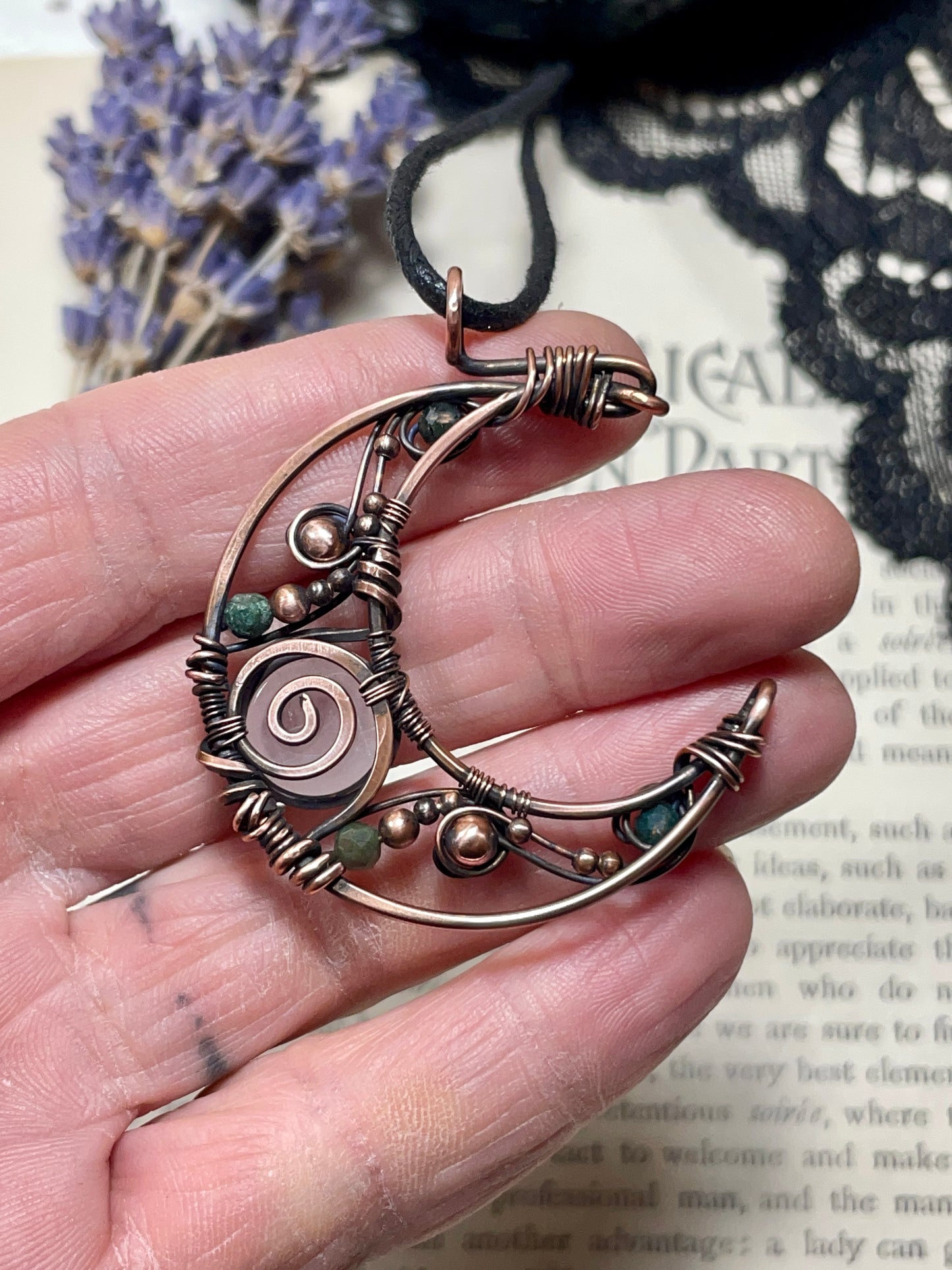 Rose Quartz & Moss Agate Crescent Moon Pendant in Copper
