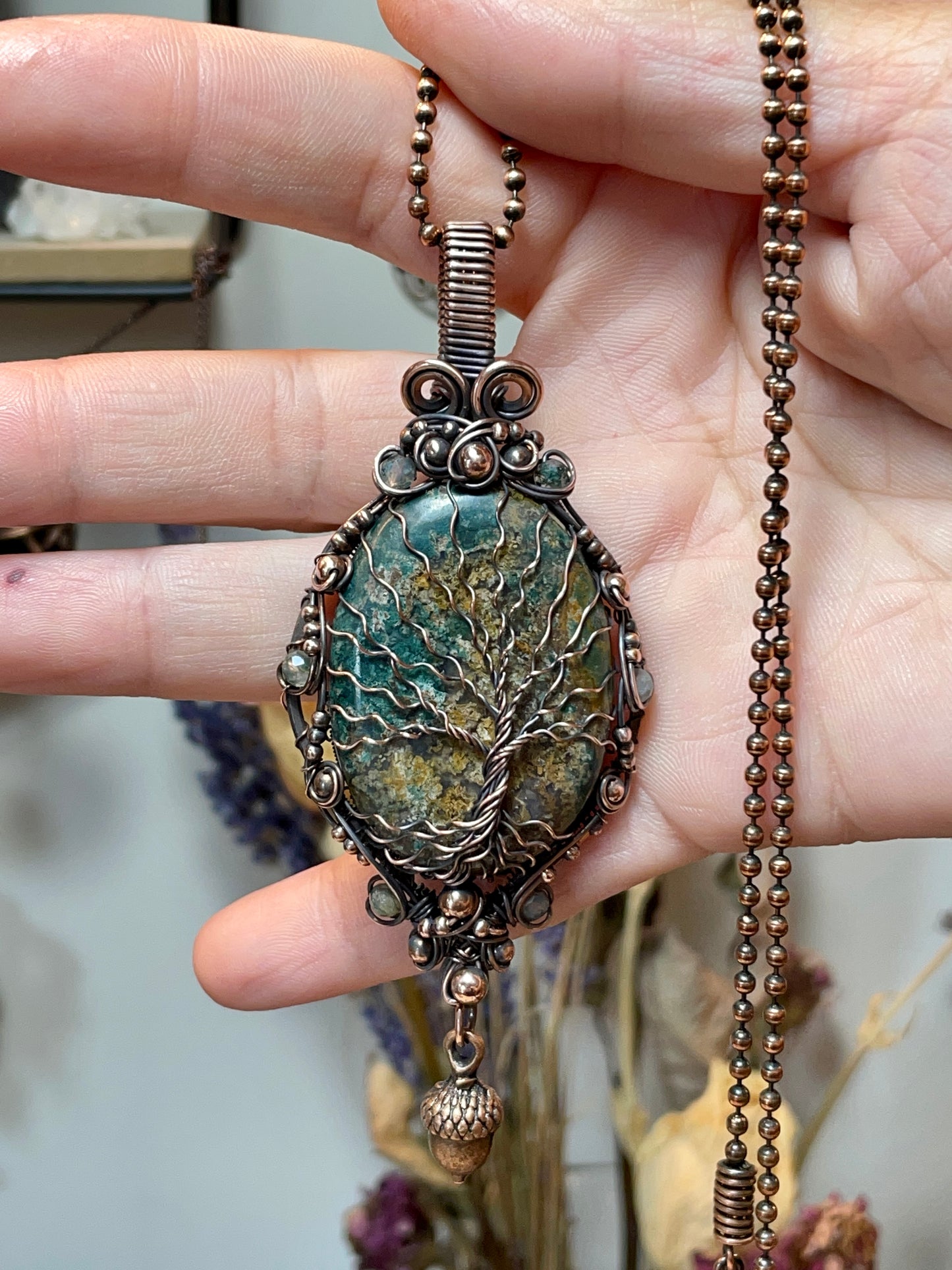 Moss Agate Tree of Life Amulet in Copper