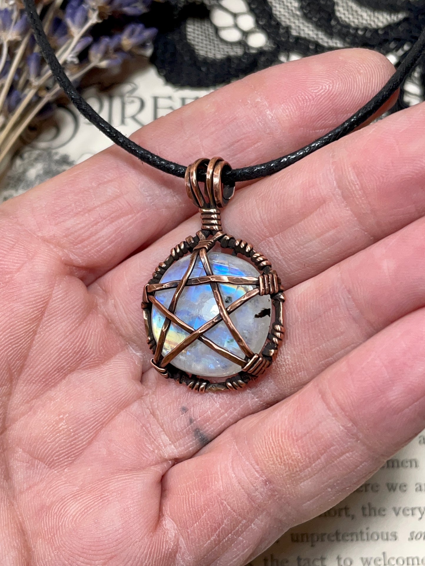 Moonstone (Rainbow Moonstone) Pentacle Pendant in Antiqued Copper