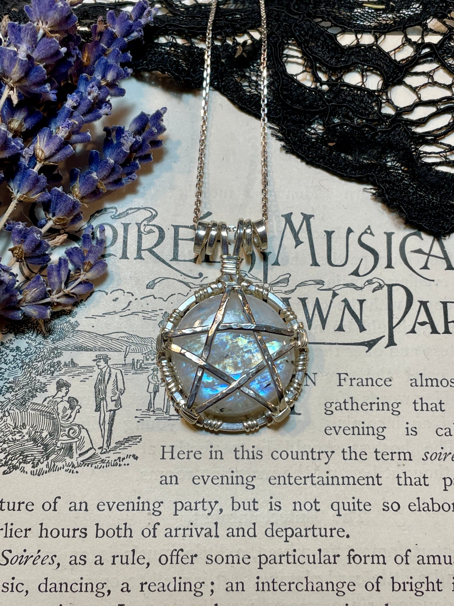 Moonstone (Rainbow Moonstone) Pentacle Pendant in Sterling Silver