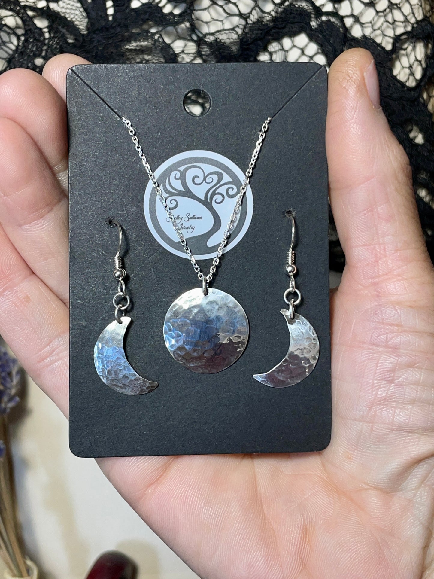 Triple Moon Pendant and Earring Set in Sterling Silver