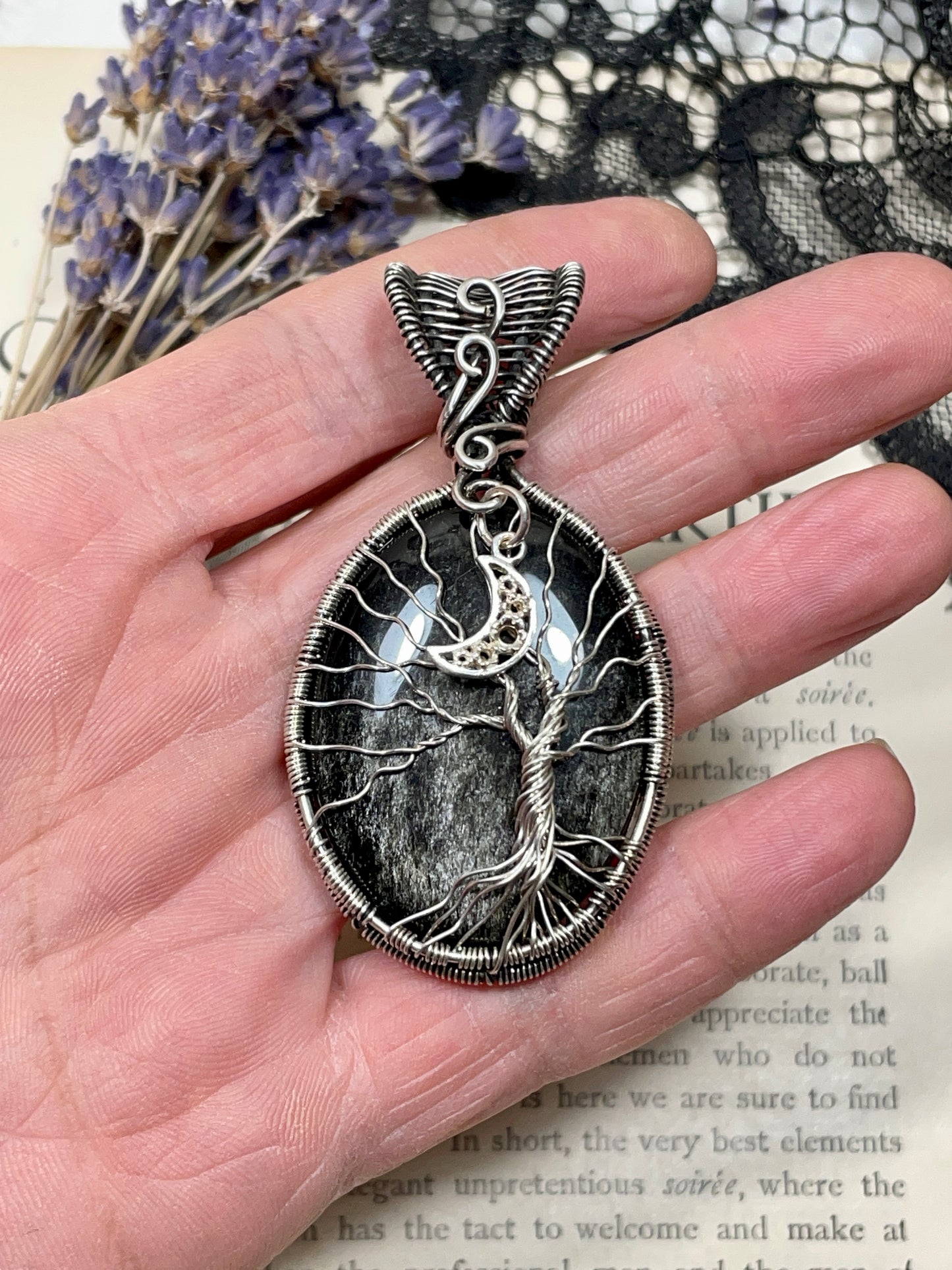 Obsidian (Silver Sheen Obsidian) Tree of Life Pendant in Sterling Silver