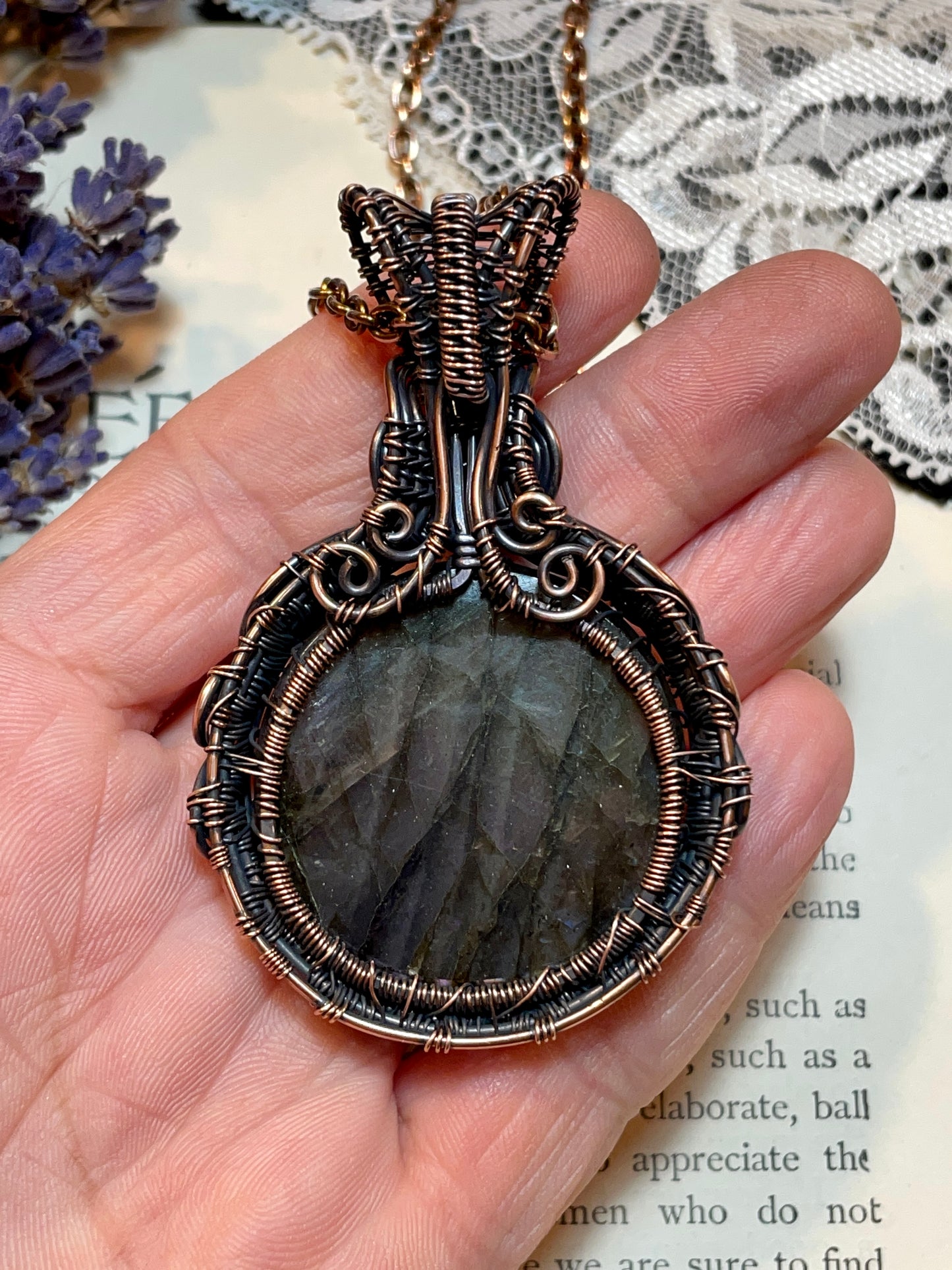 Labradorite Crescent Moon Tree of Life Amulet in Copper