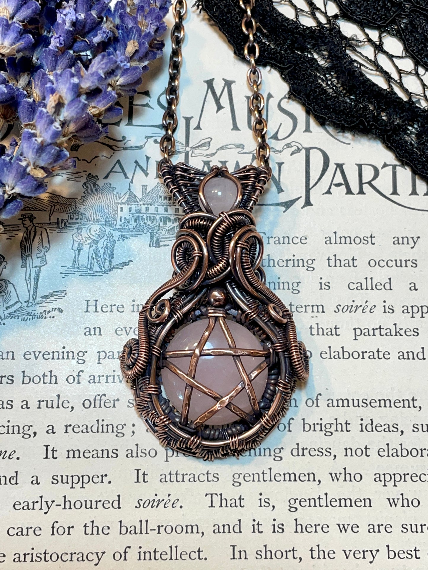 Rose Quartz Pentacle Pendant in Copper