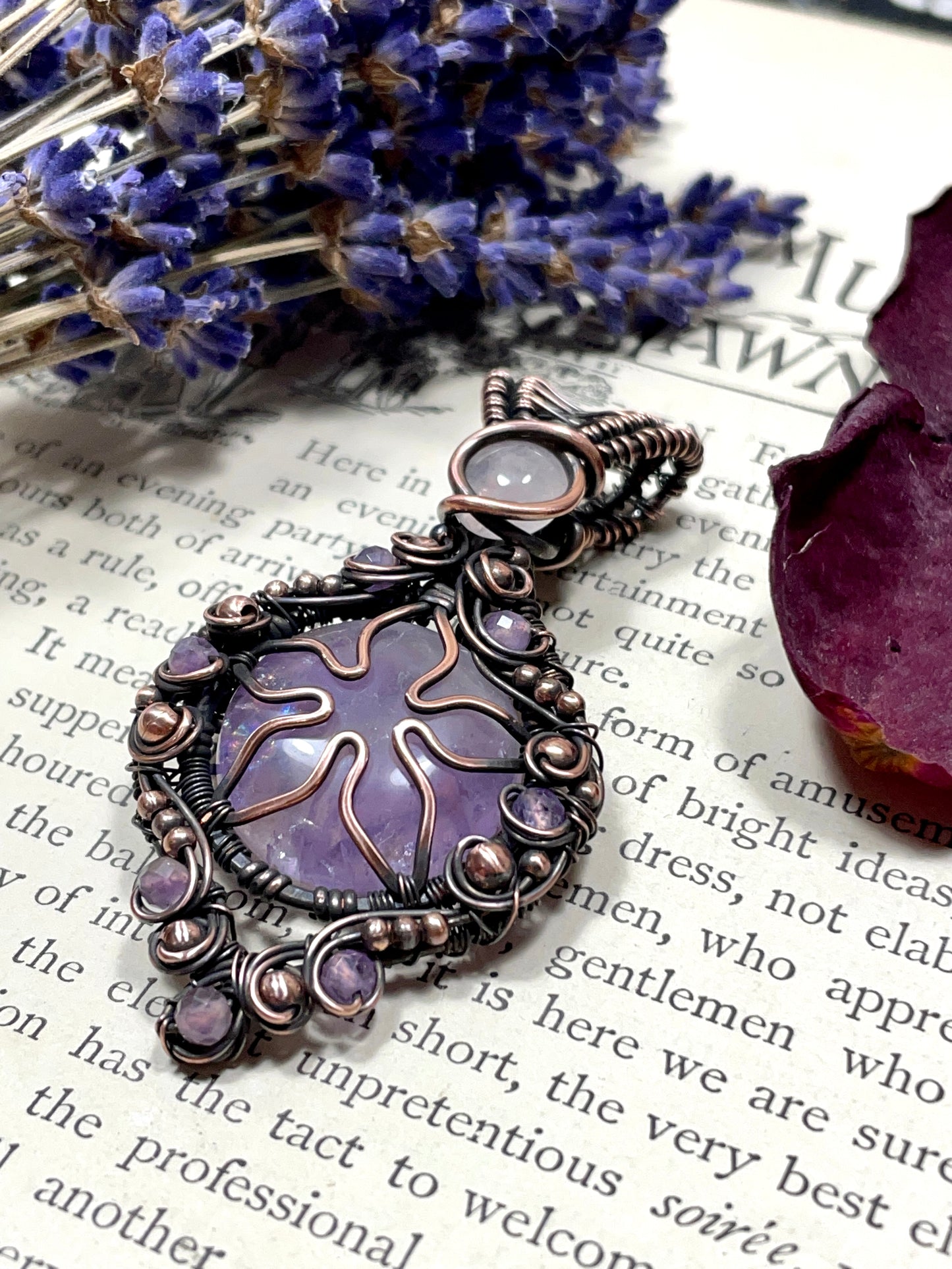 Amethyst Quartz Flower Pendant in Copper