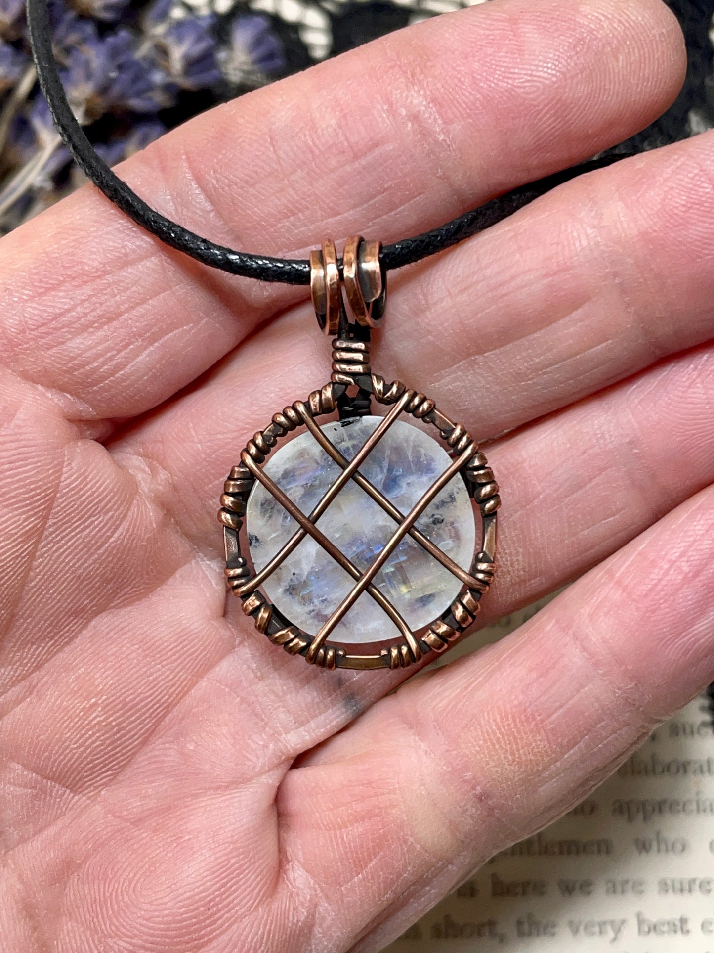 Moonstone (Rainbow Moonstone) Pentacle Pendant in Antiqued Copper