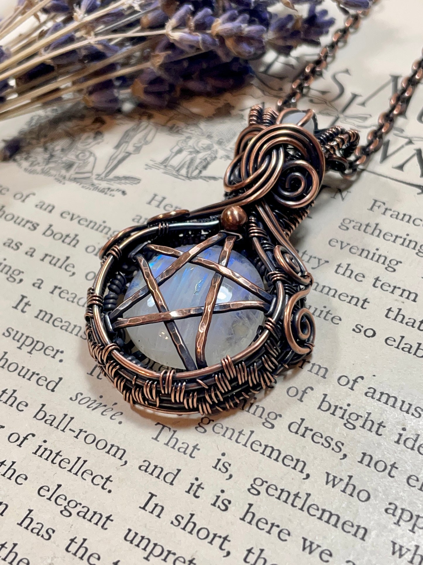Moonstone (Rainbow Moonstone) Pentacle Pendant in Copper