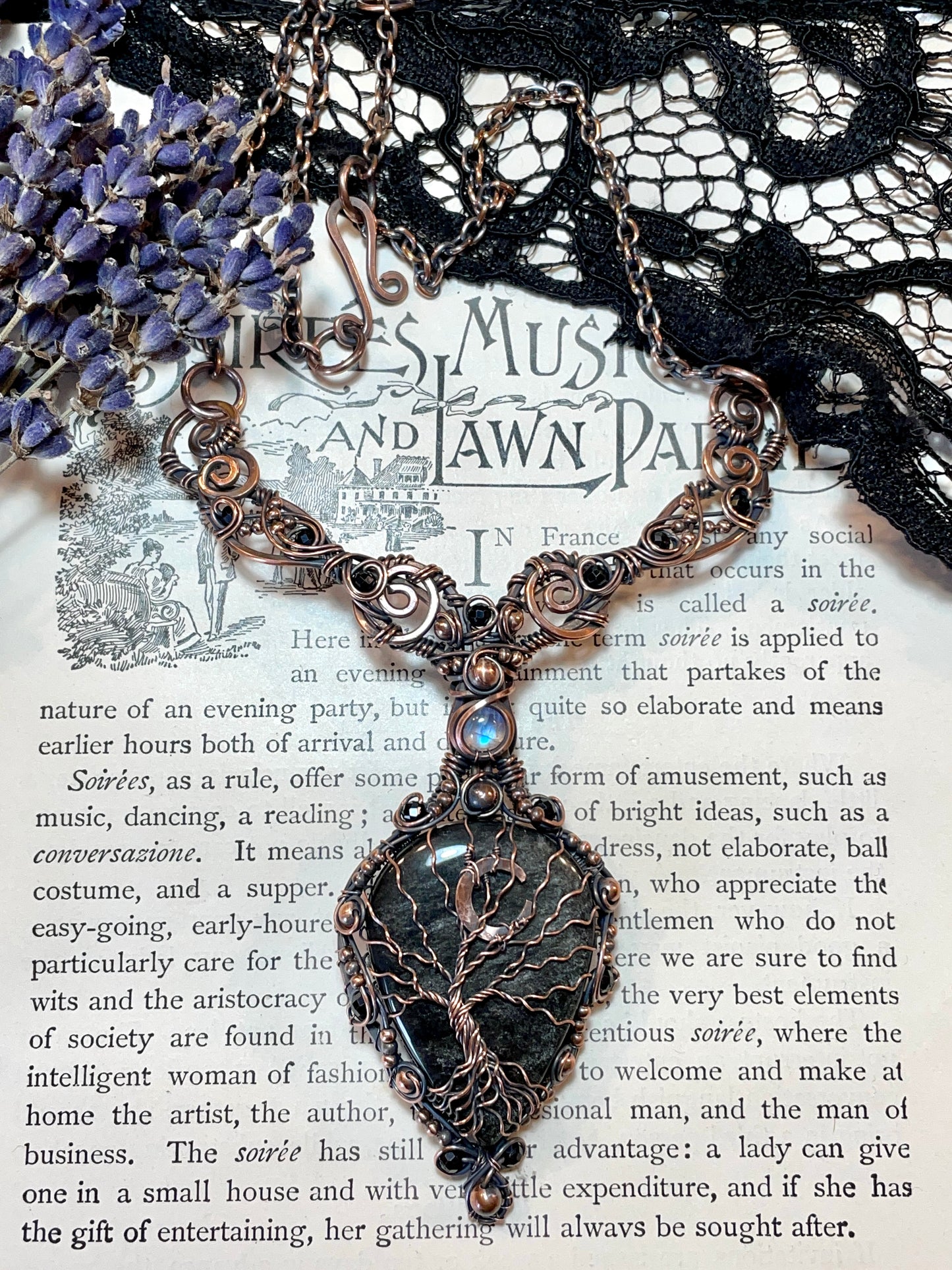 Silver Sheen Obsidian Tree of Life Collar Amulet (Crescent Moon) in Copper