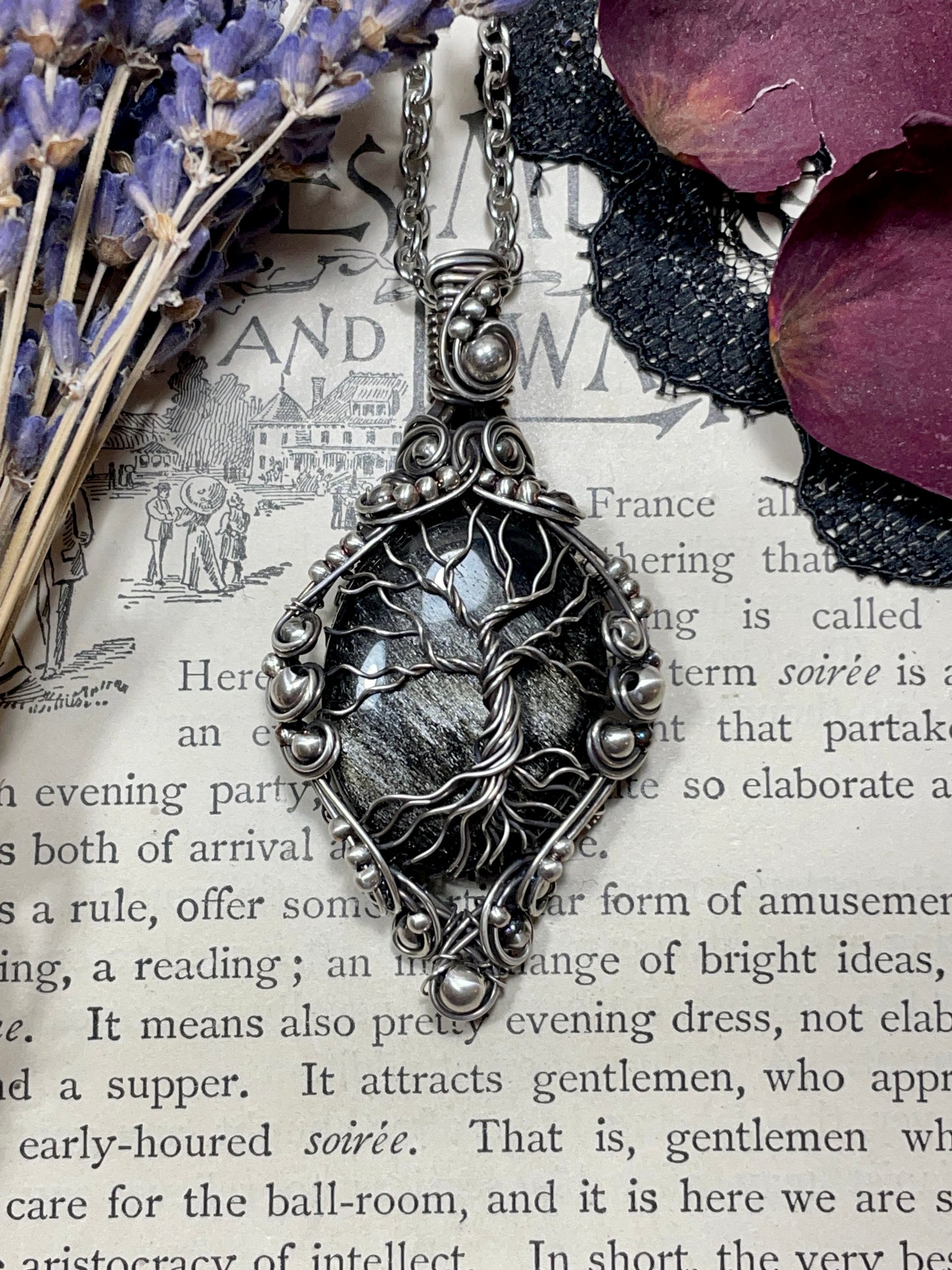 Obsidian (Silver Sheen Obsidian) Tree of Life Pendant in Sterling Silver