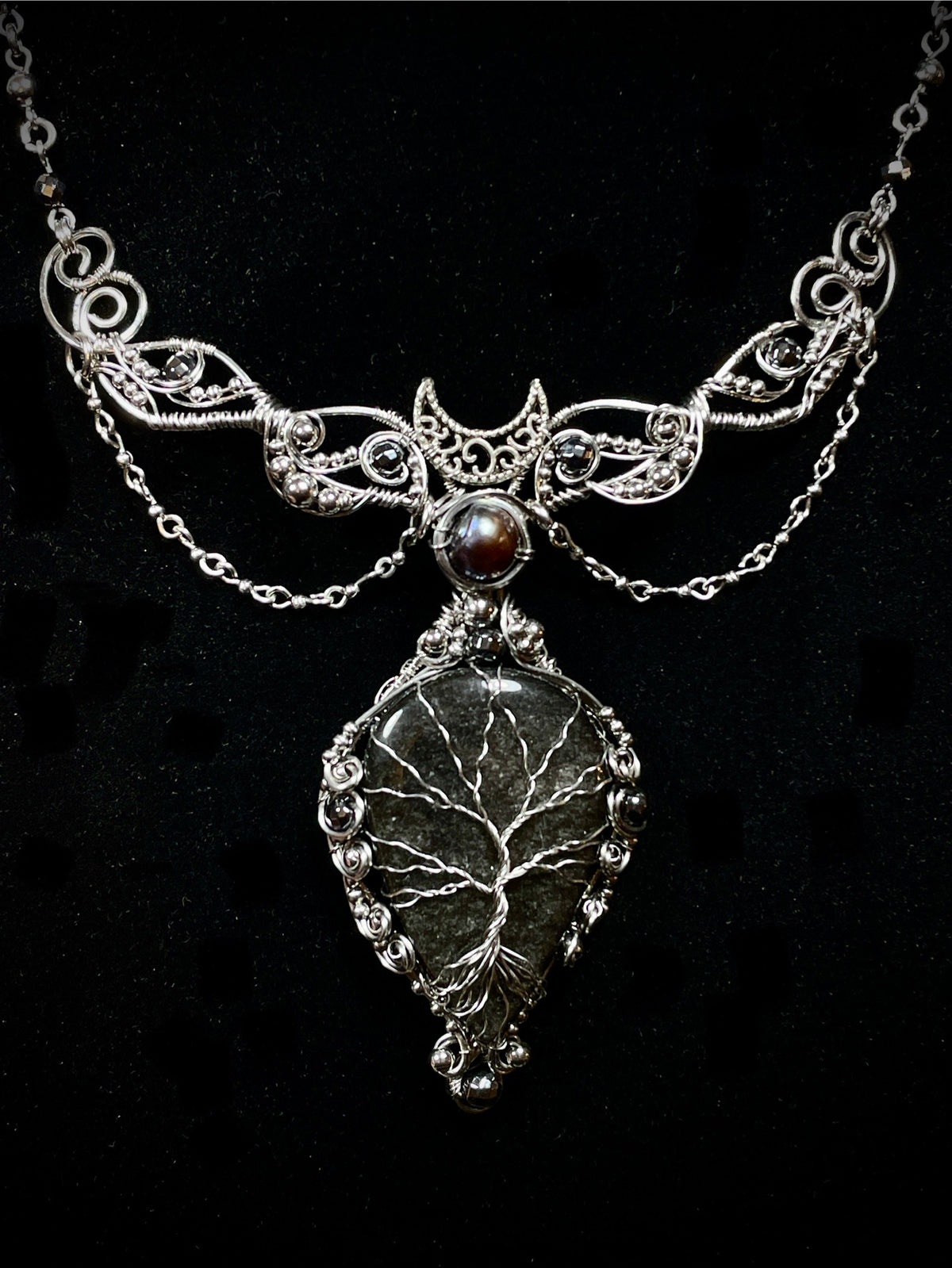 Obsidian (Silver Sheen Obsidian) Tree of Life Collar in Stainless Steel