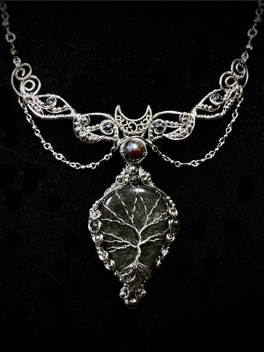 Obsidian (Silver Sheen Obsidian) Tree of Life Collar in Stainless Steel