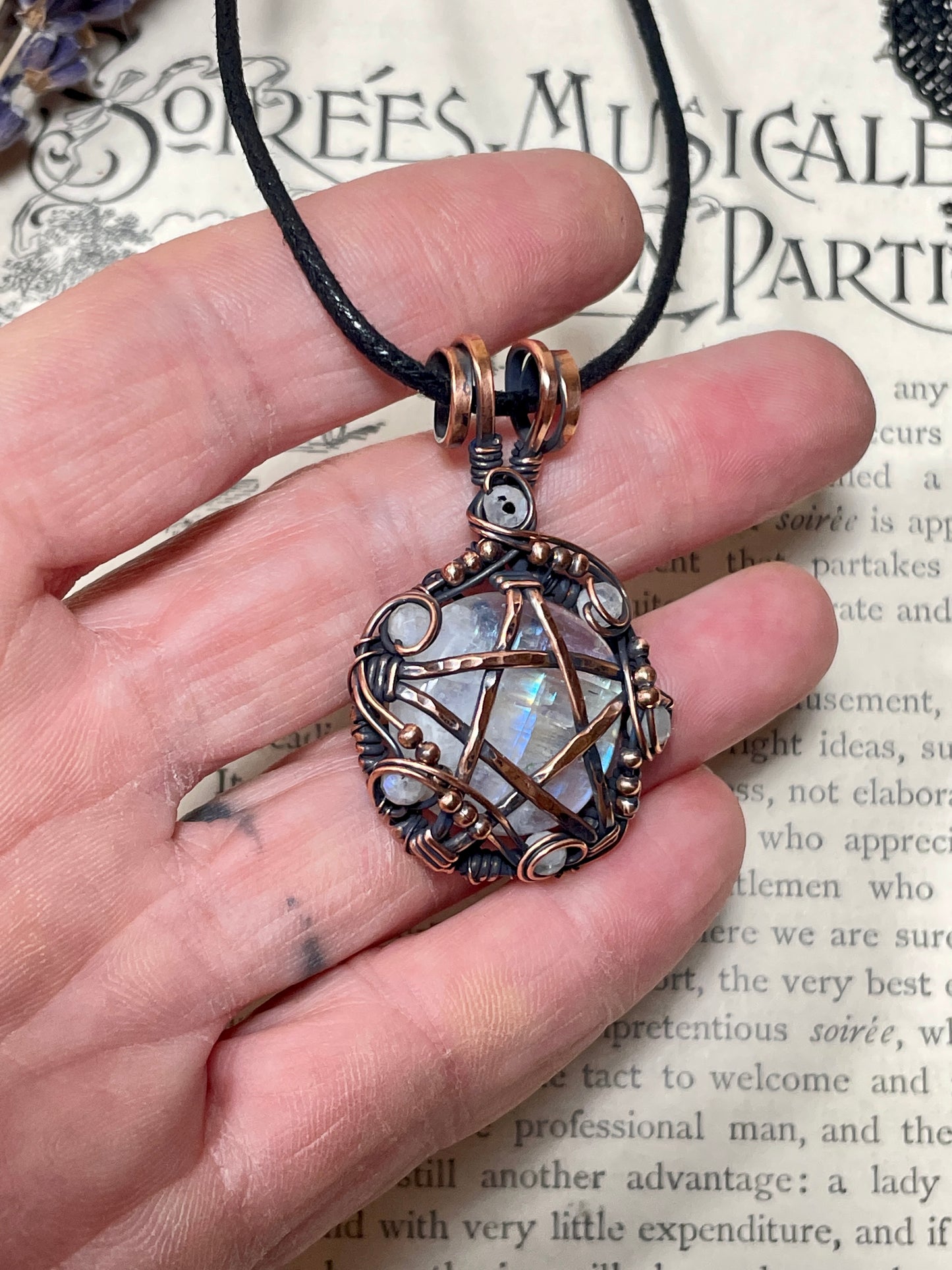 Moonstone (Rainbow Moonstone) Pentacle Pendant in Copper