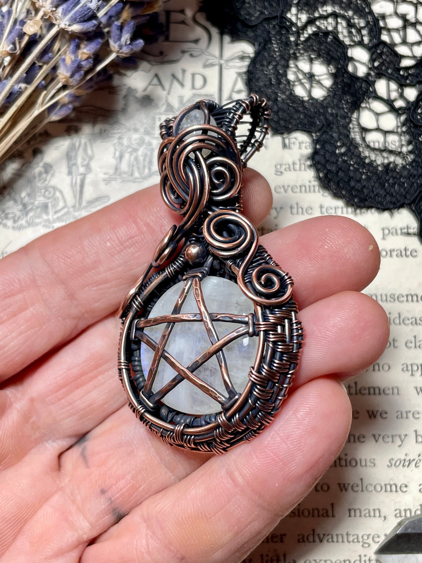 Rainbow Moonstone Pentacle Pendant in Copper