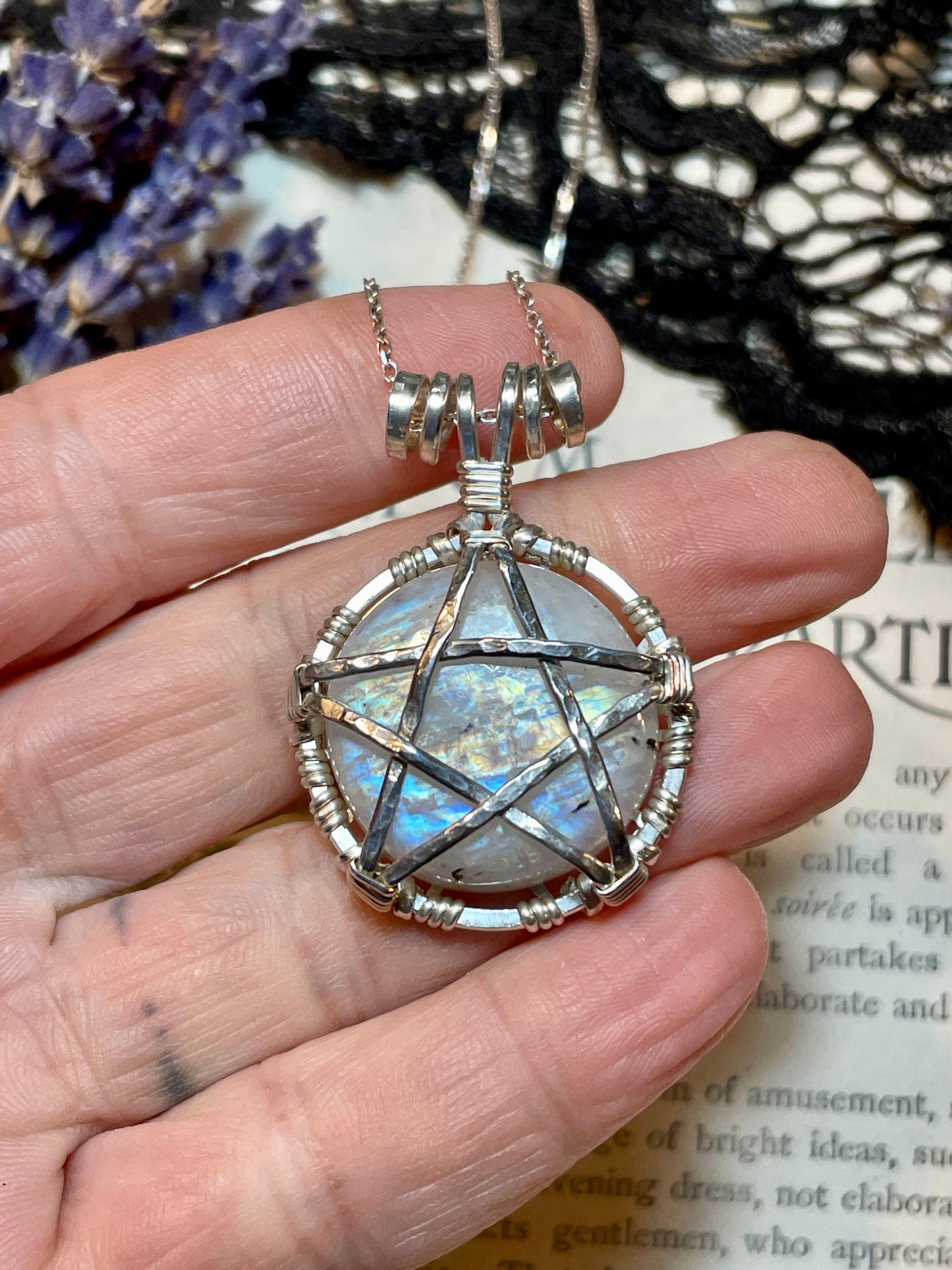 Moonstone (Rainbow Moonstone) Pentacle Pendant in Sterling Silver