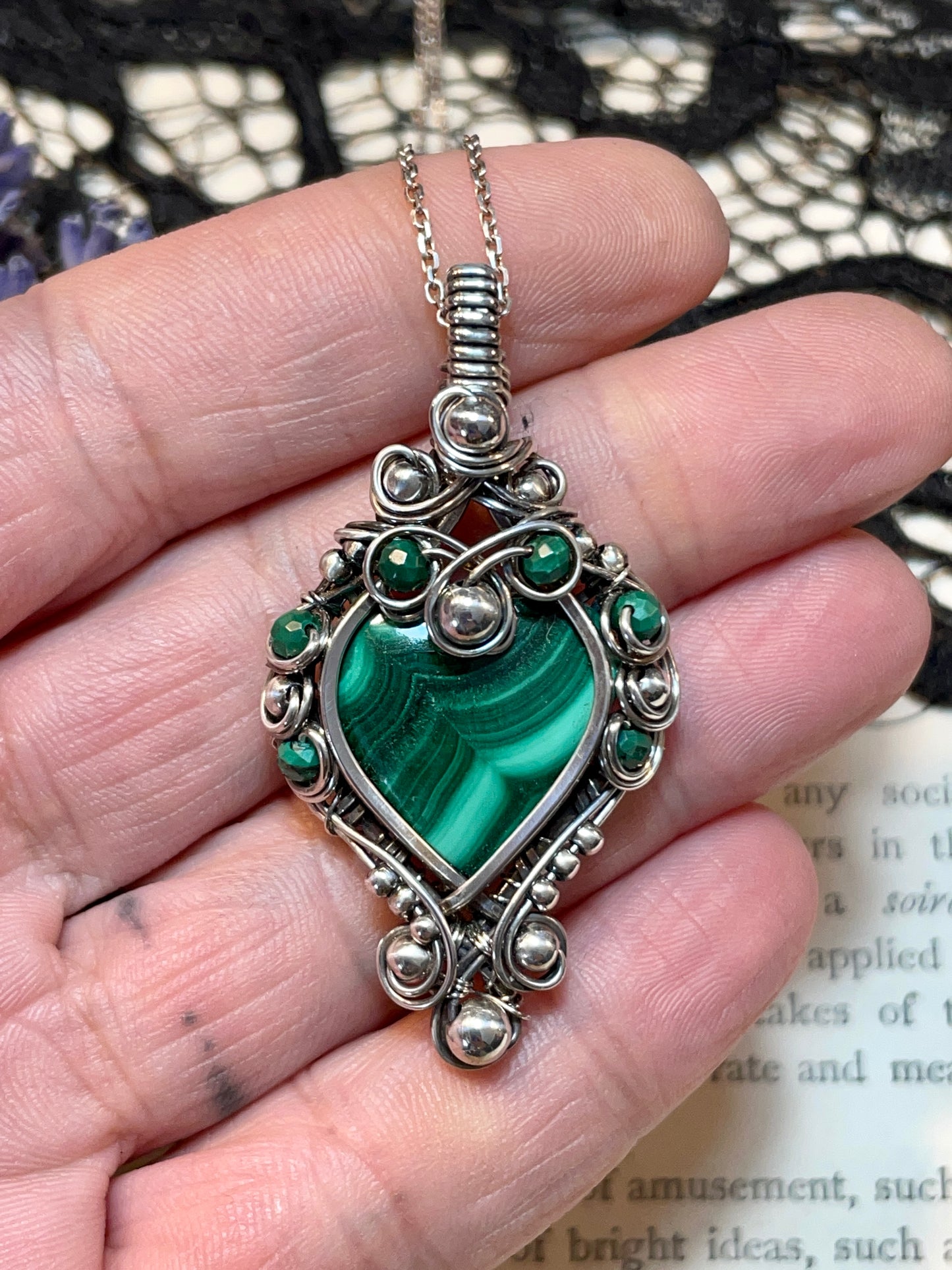 Malachite Heart Pendant in Sterling Silver