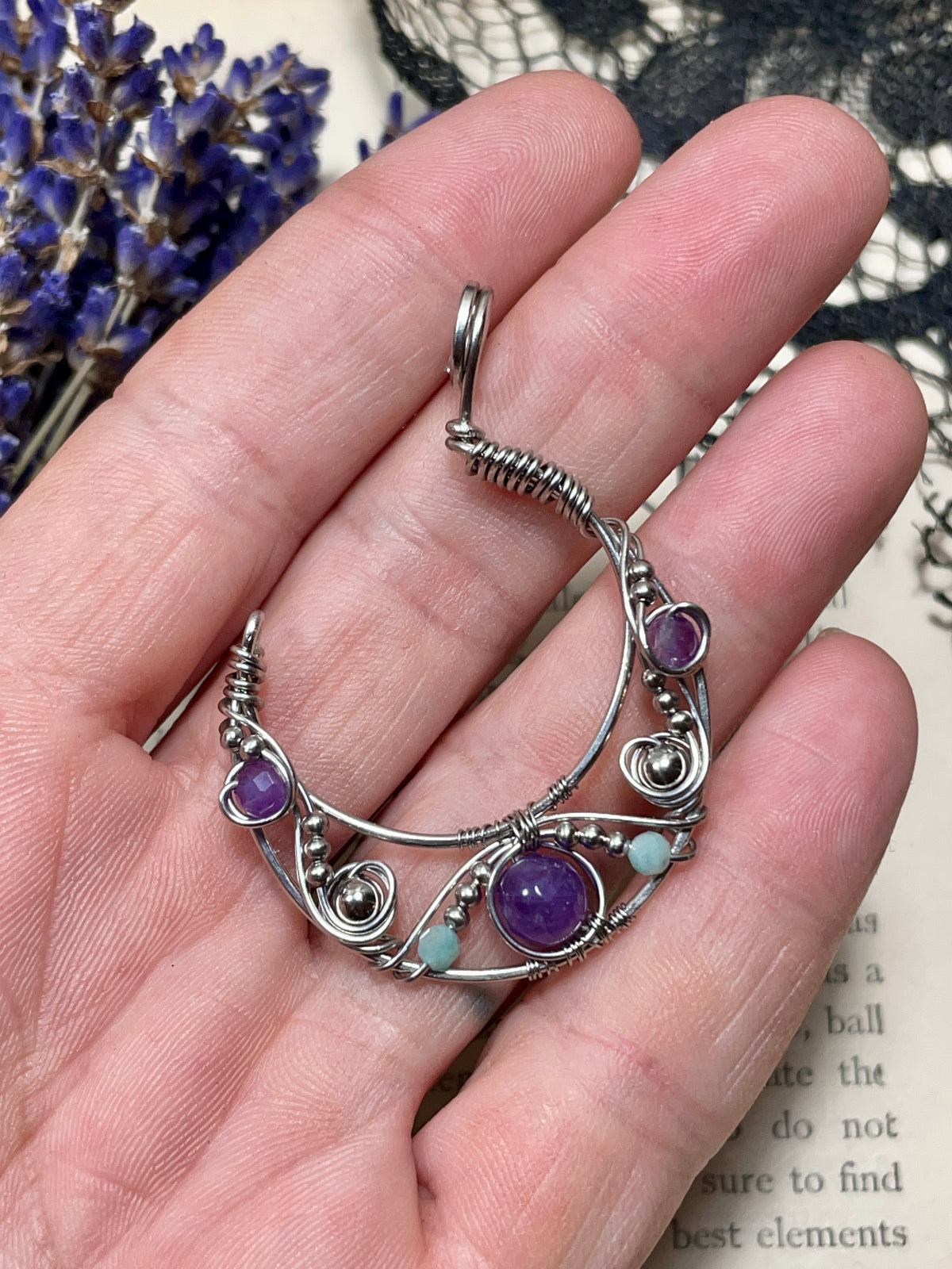 Amethyst and Amazonite Crescent Moon Pendant in Stainless Steel