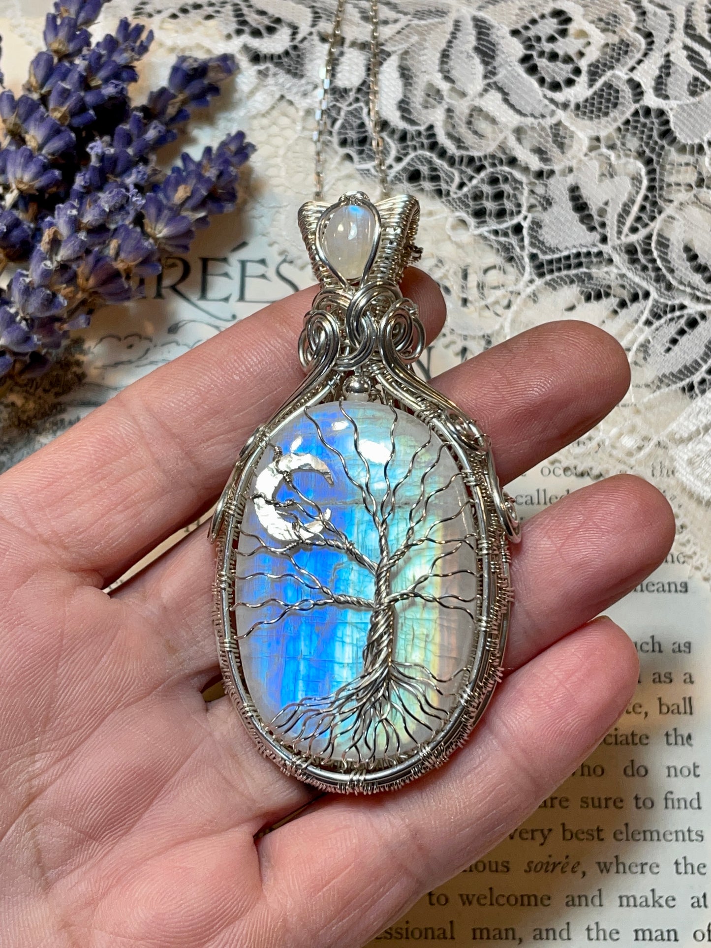 Moonstone (Rainbow Moonstone) Tree of Life Amulet in Sterling Silver