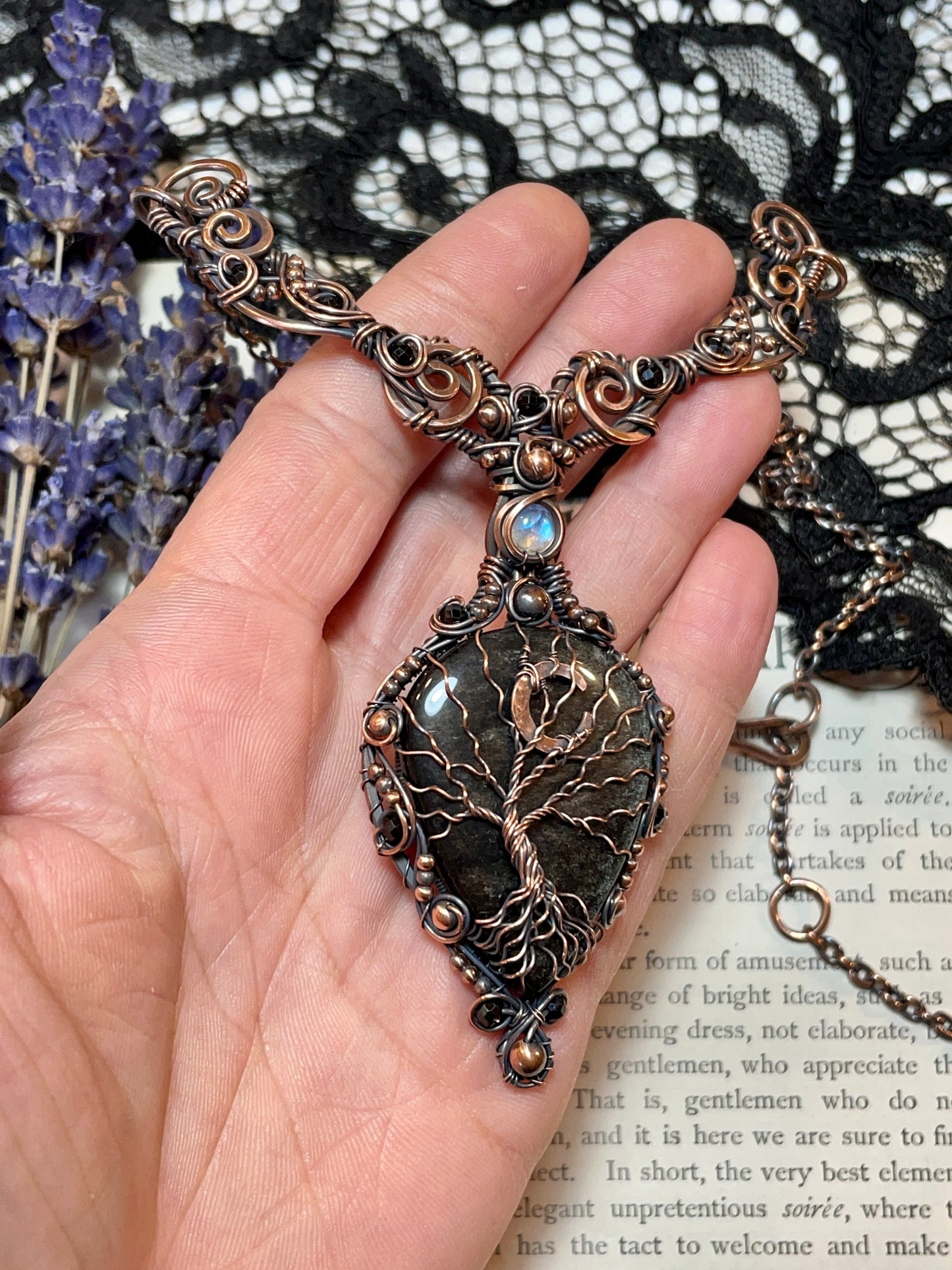 Silver Sheen Obsidian Tree of Life Collar Amulet (Crescent Moon) in Copper