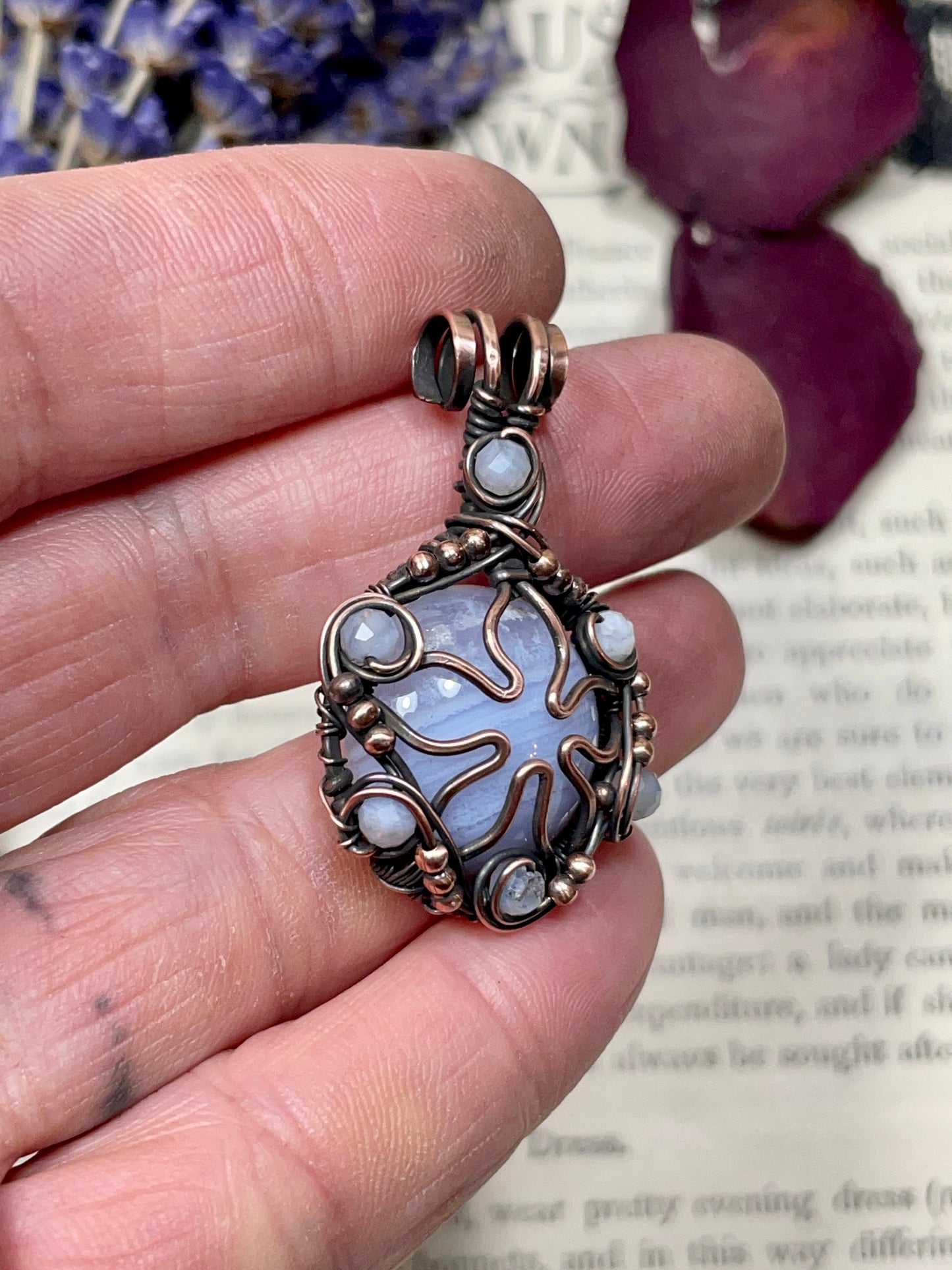 Blue Lace Agate Flower Pendant in Copper