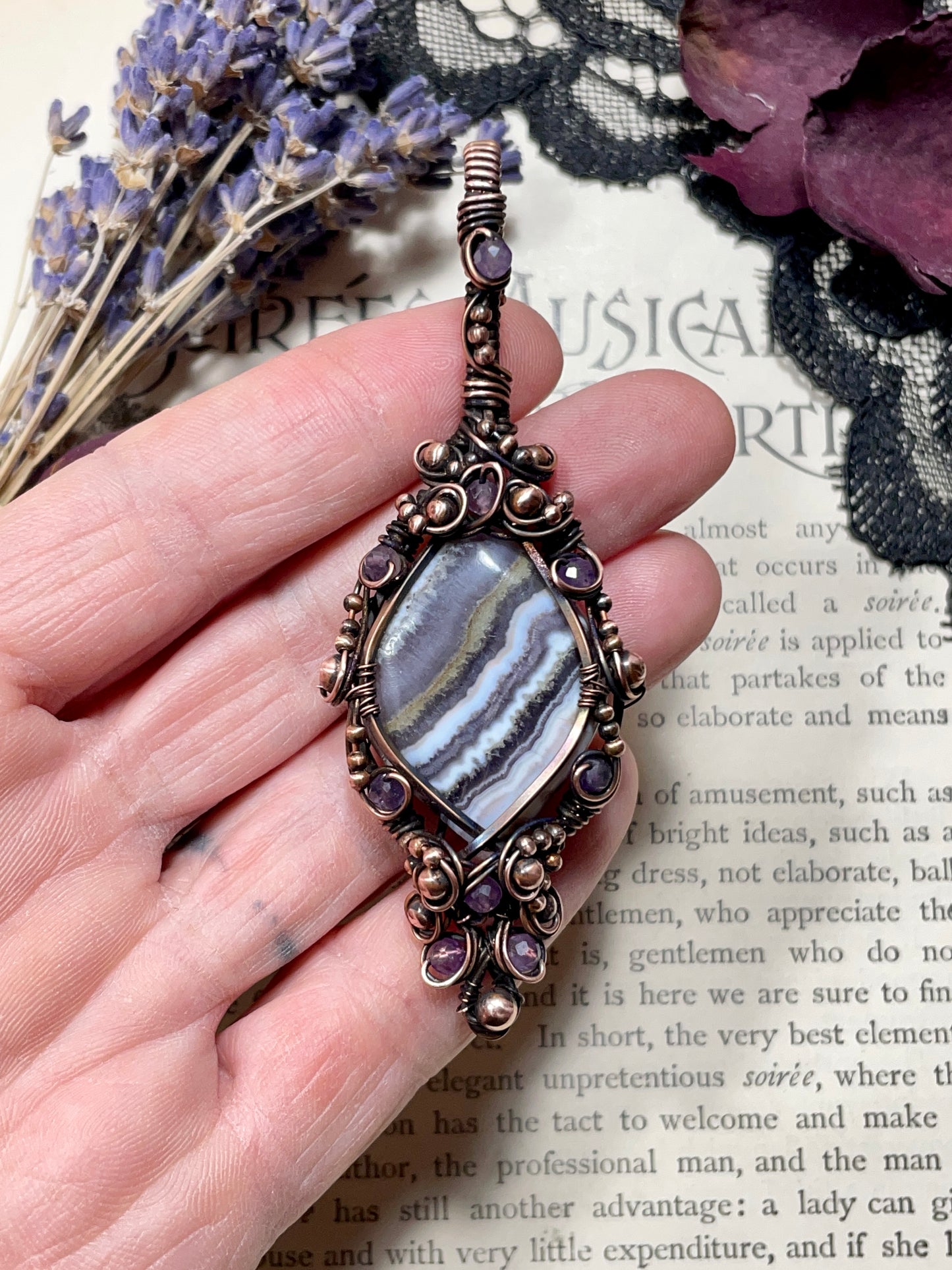 Amethyst Lace Agate Pendant in Copper