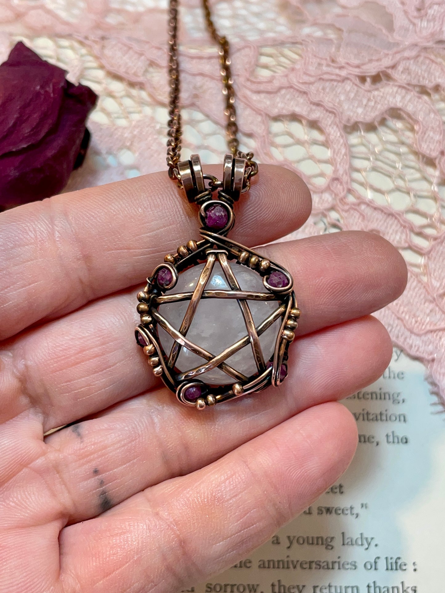 Rose Quartz and Ruby Pentacle Pendant in Copper #2